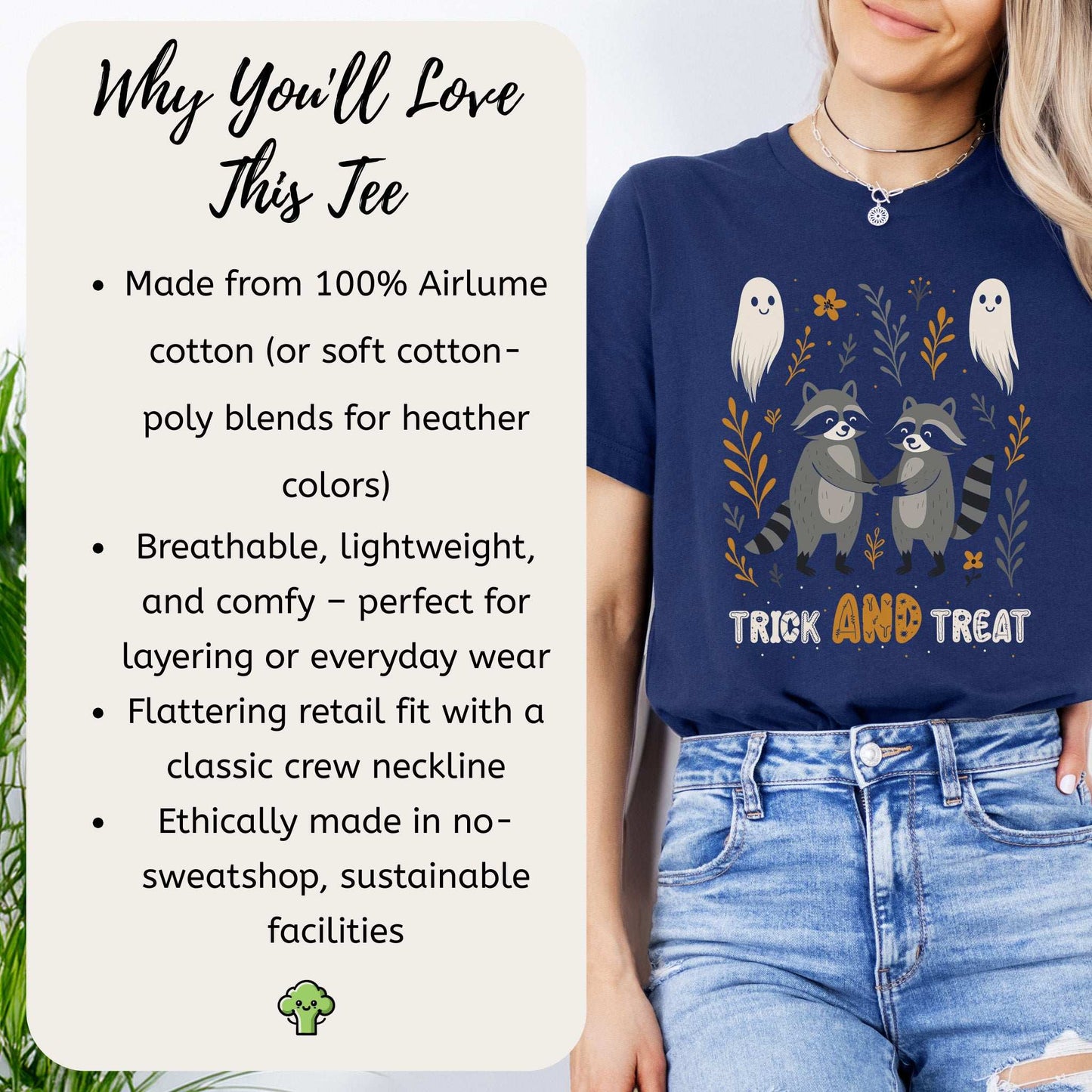 Trick AND Treat Raccoon Halloween T-shirt featuring friendly raccoons and ghosts, perfect for festive fall wear.