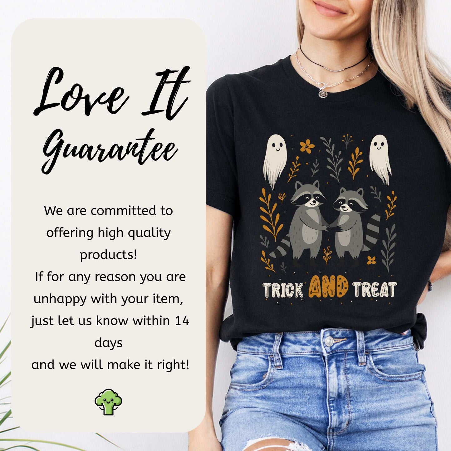 Trick AND Treat Raccoon Halloween T-Shirt featuring cute raccoons and ghosts in a forest design.