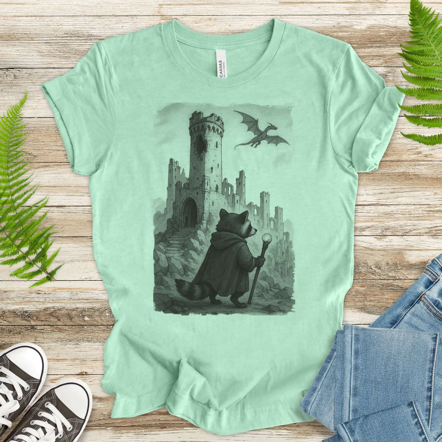 Raccoon Wizard and Dragon Castle T-Shirt – Fantasy Animal Adventure Tee