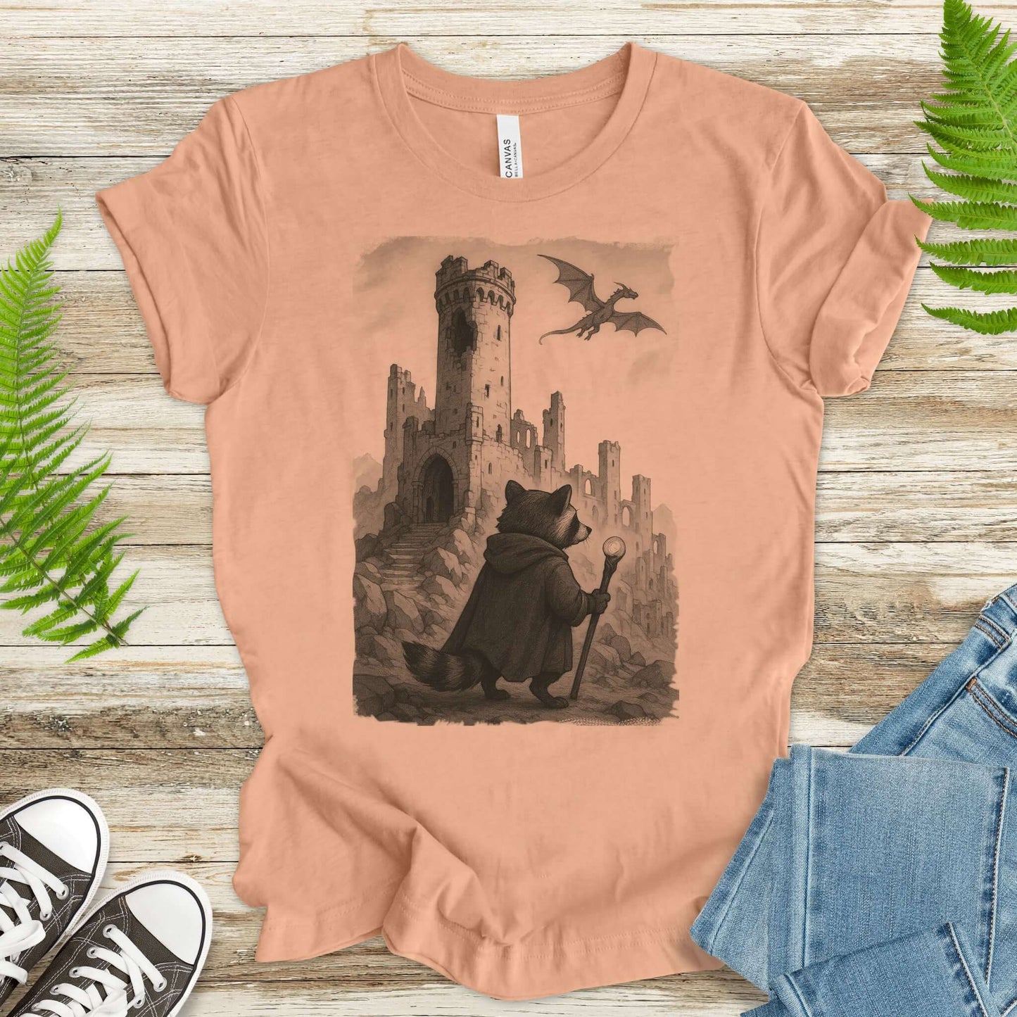 Raccoon Wizard and Dragon Castle T-Shirt – Fantasy Animal Adventure Tee
