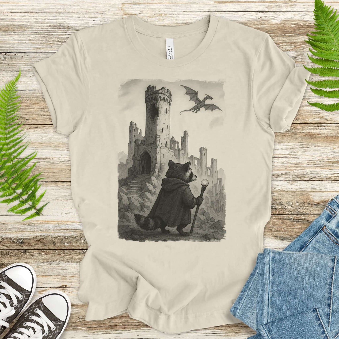 Raccoon Wizard and Dragon Castle T-Shirt – Fantasy Animal Adventure Tee