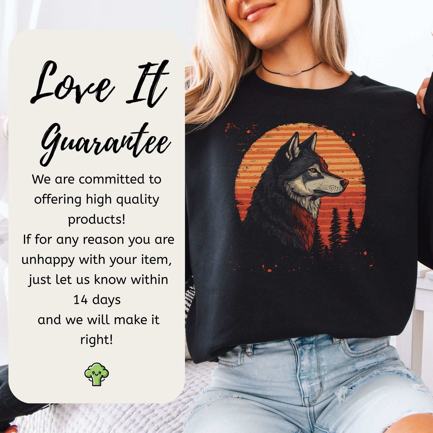 Retro Wolf Sweatshirt – Forest Sunset Spirit Animal with Vintage Vibes