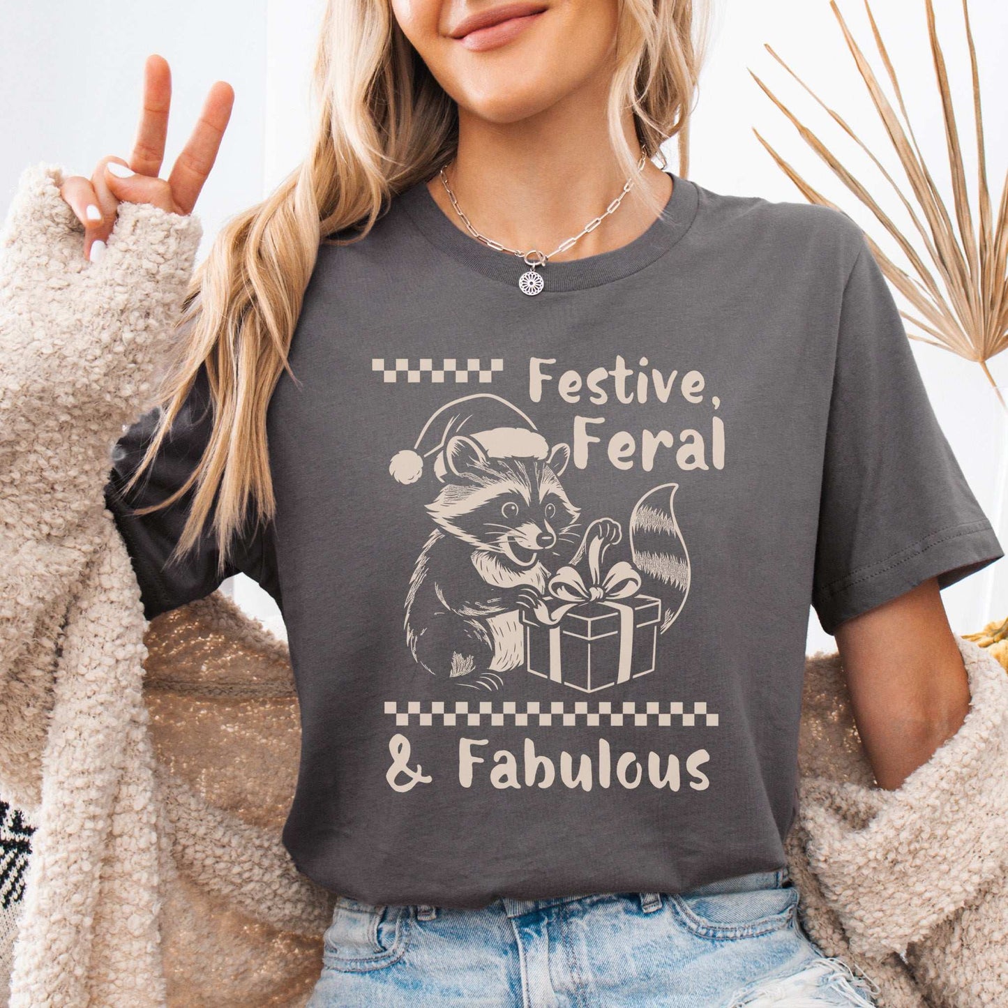 Festive Feral & Fabulous Raccoon T-Shirt – Funny Christmas Gift Tee
