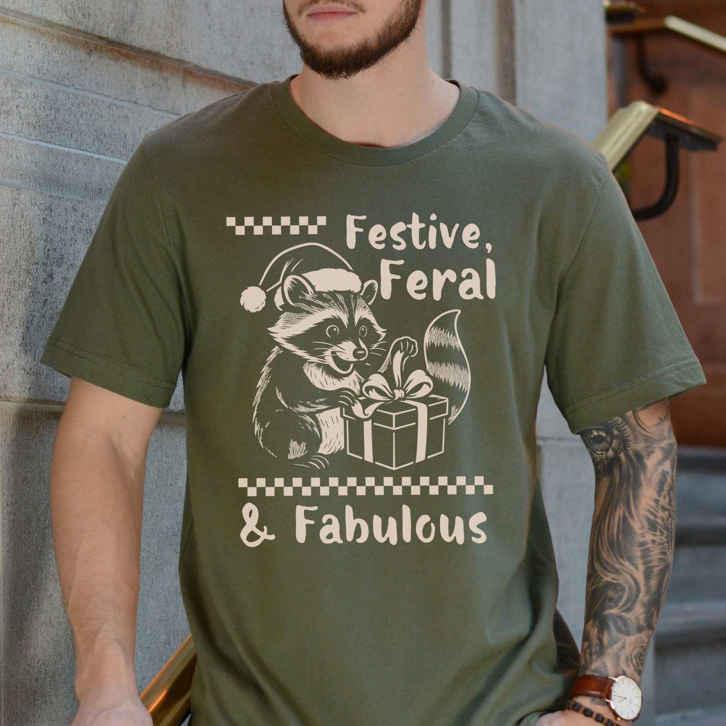 Festive Feral & Fabulous Raccoon T-Shirt – Funny Christmas Gift Tee