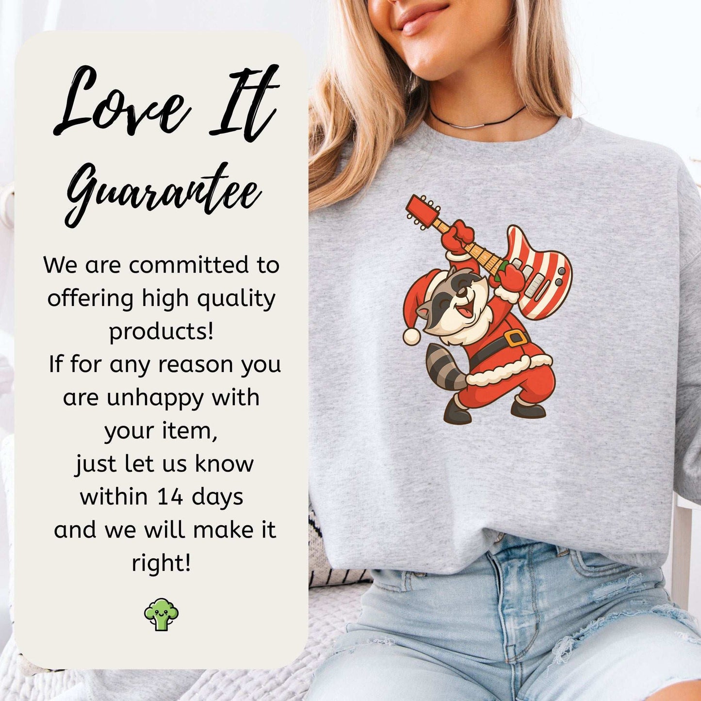 Rockin’ Santa Raccoon Sweatshirt – Funny Guitar Lover Christmas Vibes