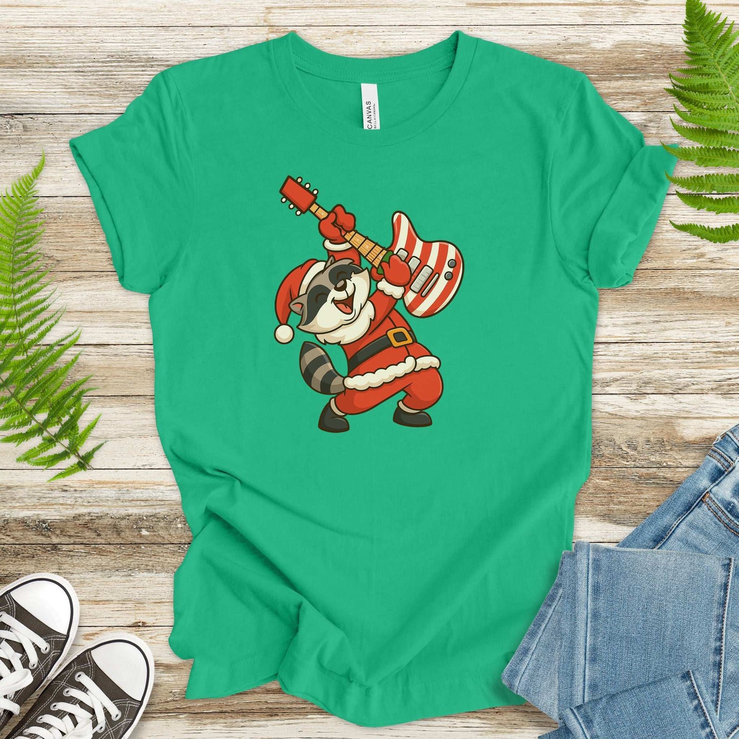 Rockin’ Santa Raccoon T-Shirt – Funny Guitar Lover Christmas Tee