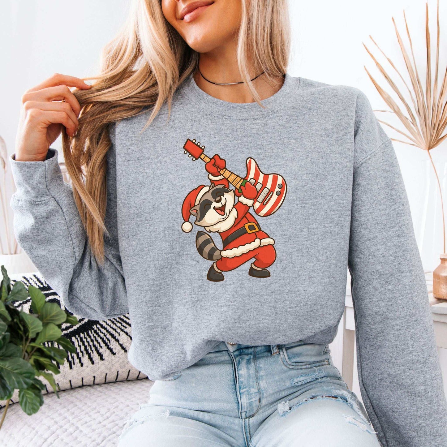 Rockin’ Santa Raccoon Sweatshirt – Funny Guitar Lover Christmas Vibes
