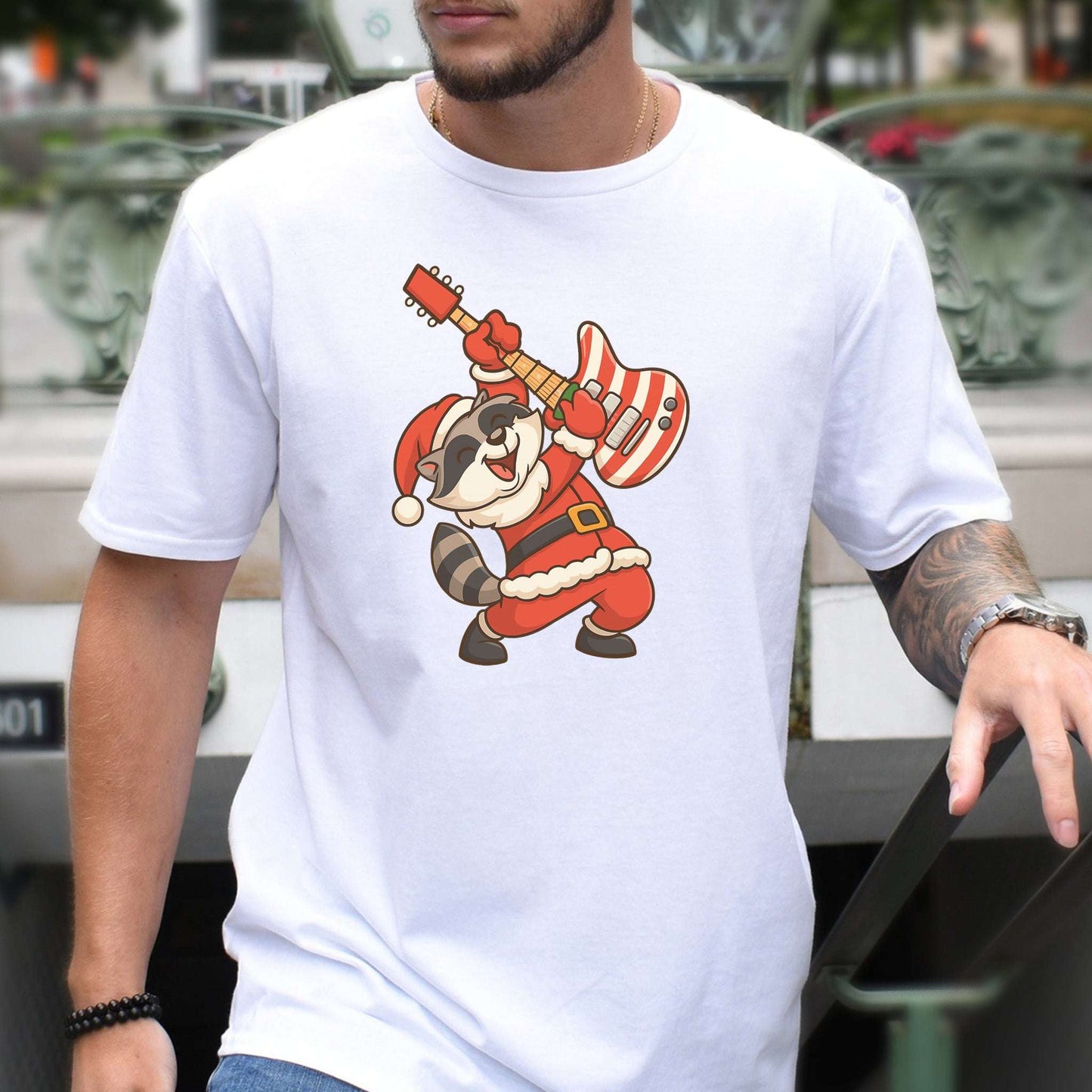 Rockin’ Santa Raccoon T-Shirt – Funny Guitar Lover Christmas Tee