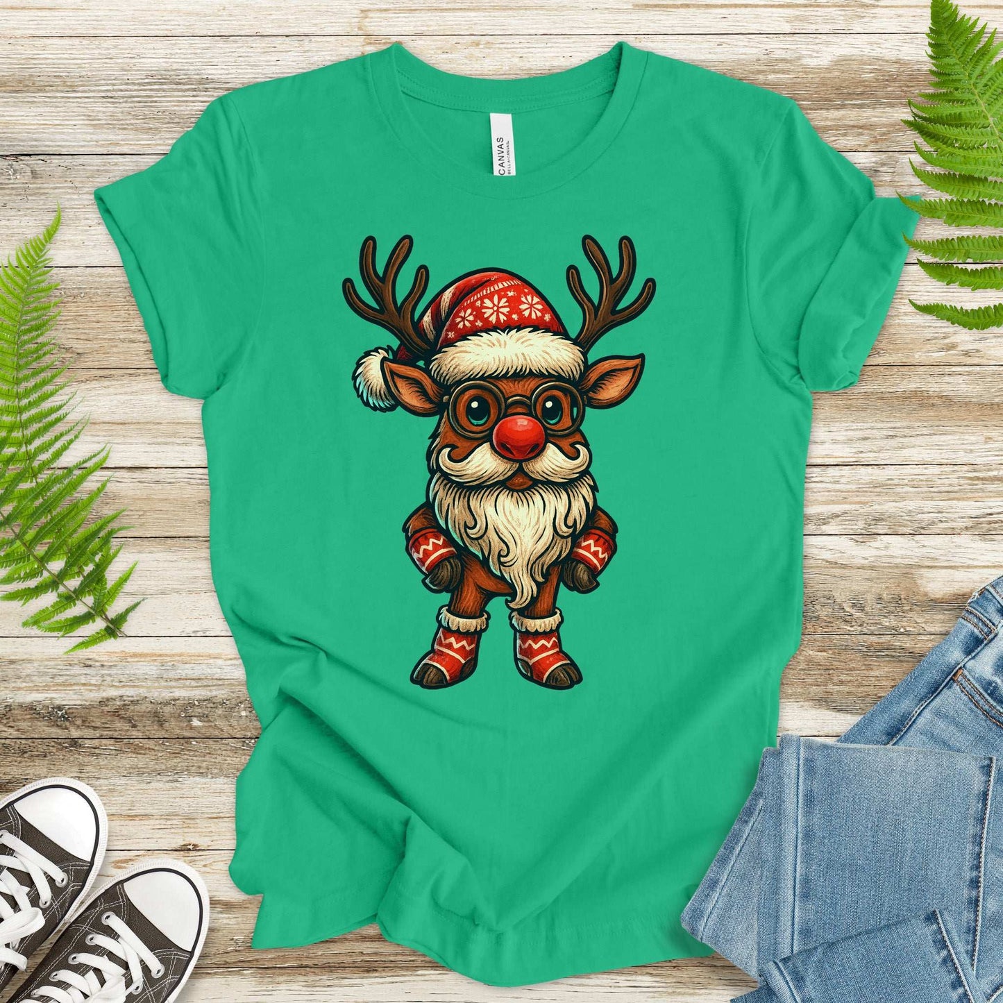 Santa Reindeer T-Shirt – Cute Christmas Deer with Beard Tee