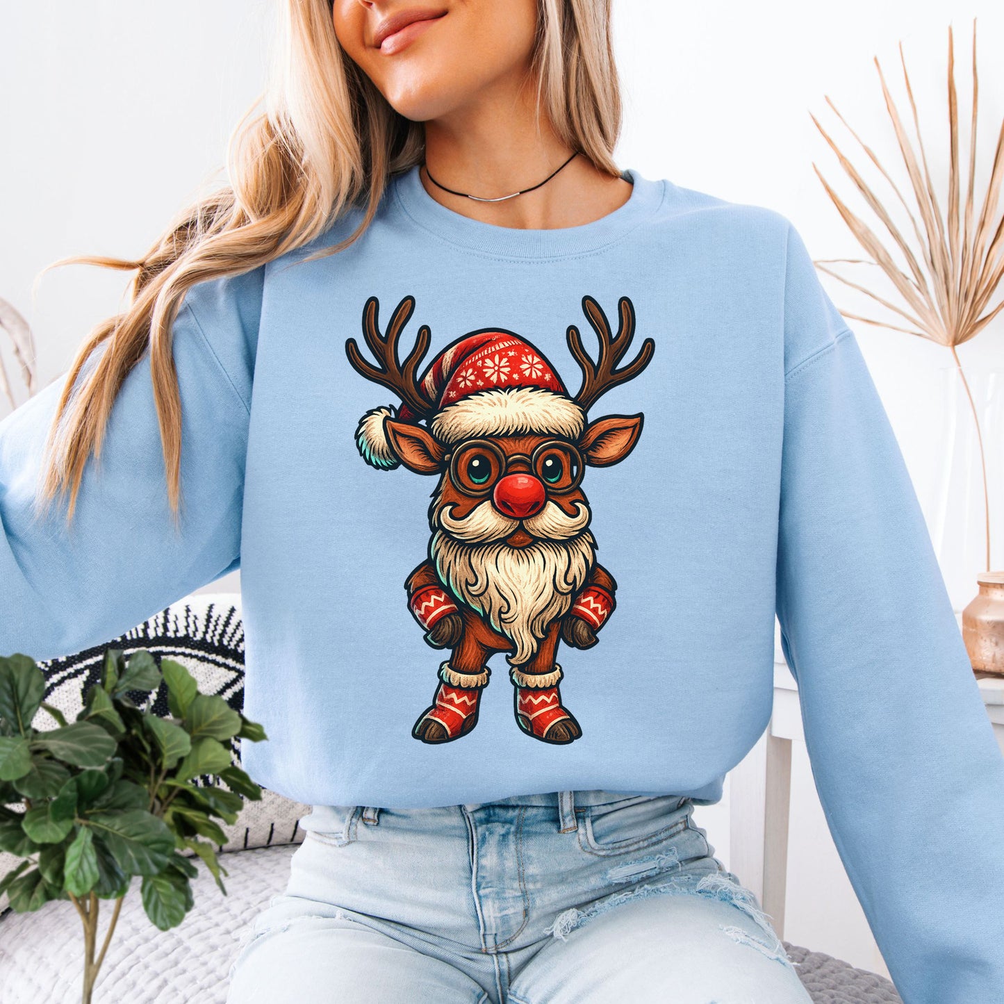 Santa Beard Reindeer Sweatshirt – Funny Christmas Deer Gift