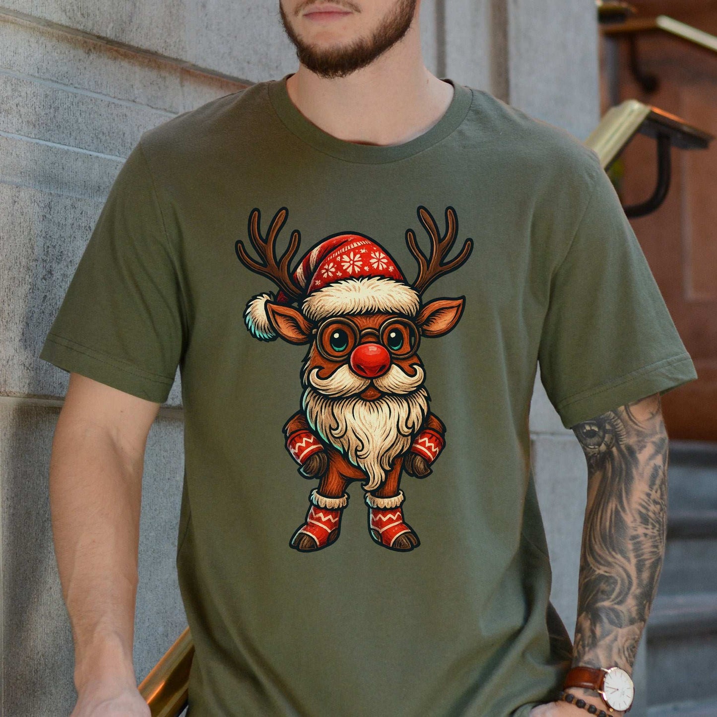 Santa Reindeer T-Shirt – Cute Christmas Deer with Beard Tee