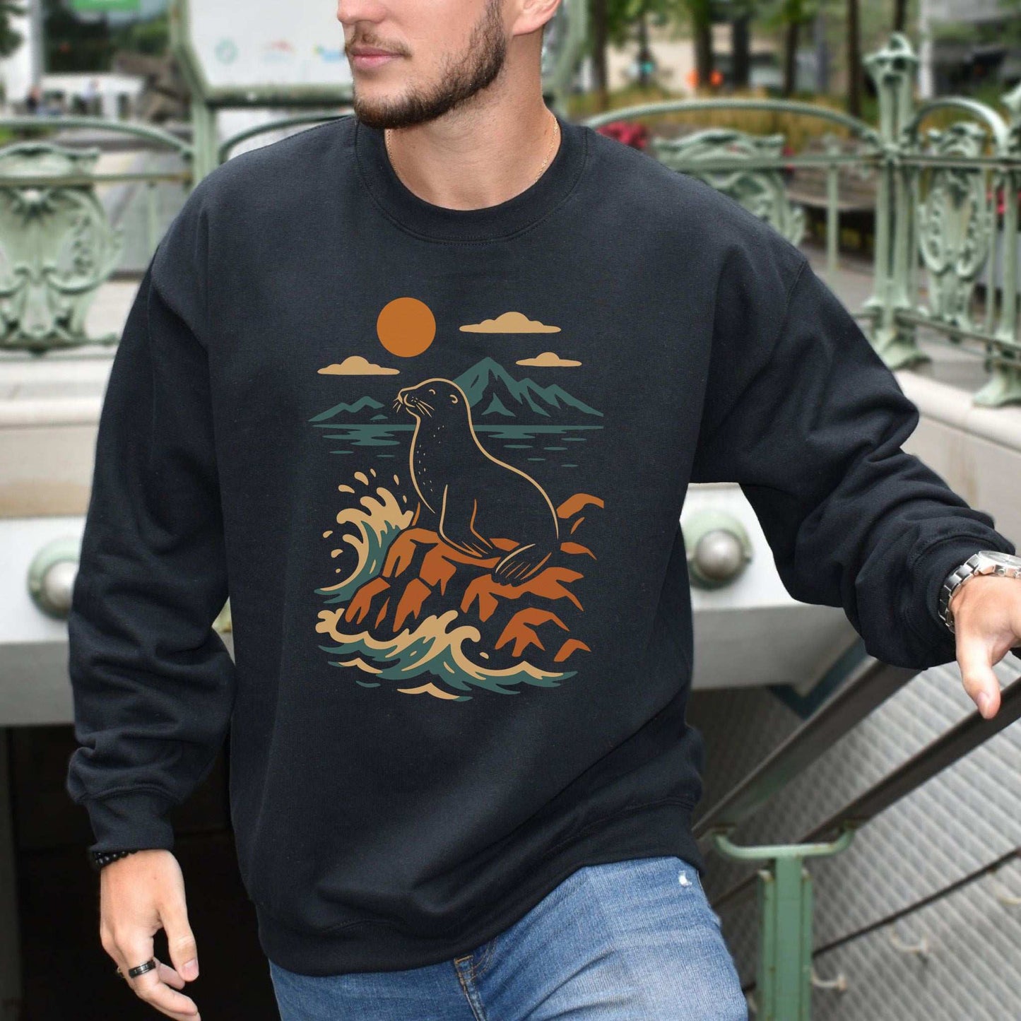 Retro Seal Sweatshirt – Crashing Waves & Moonlit Ocean Vibes
