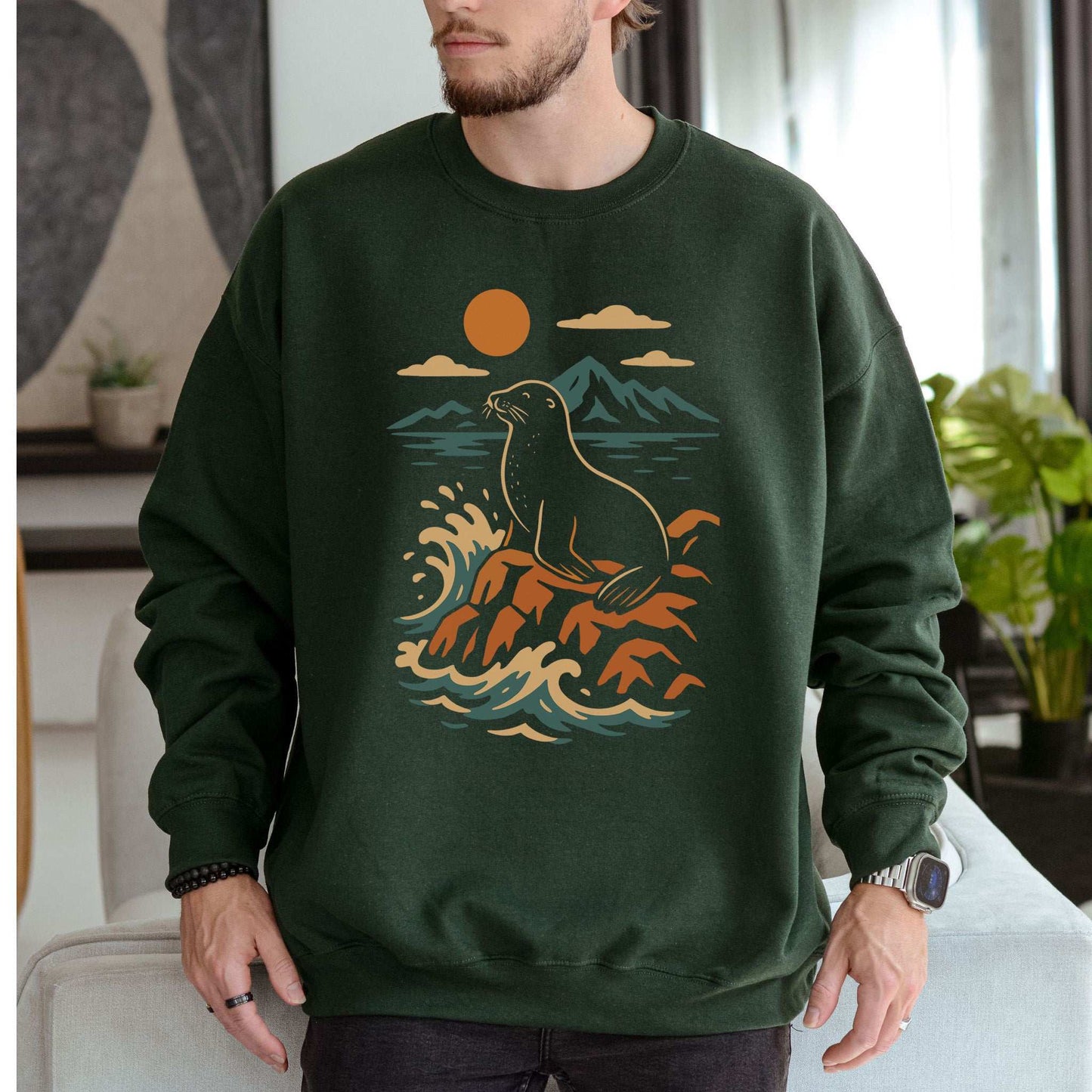 Retro Seal Sweatshirt – Crashing Waves & Moonlit Ocean Vibes