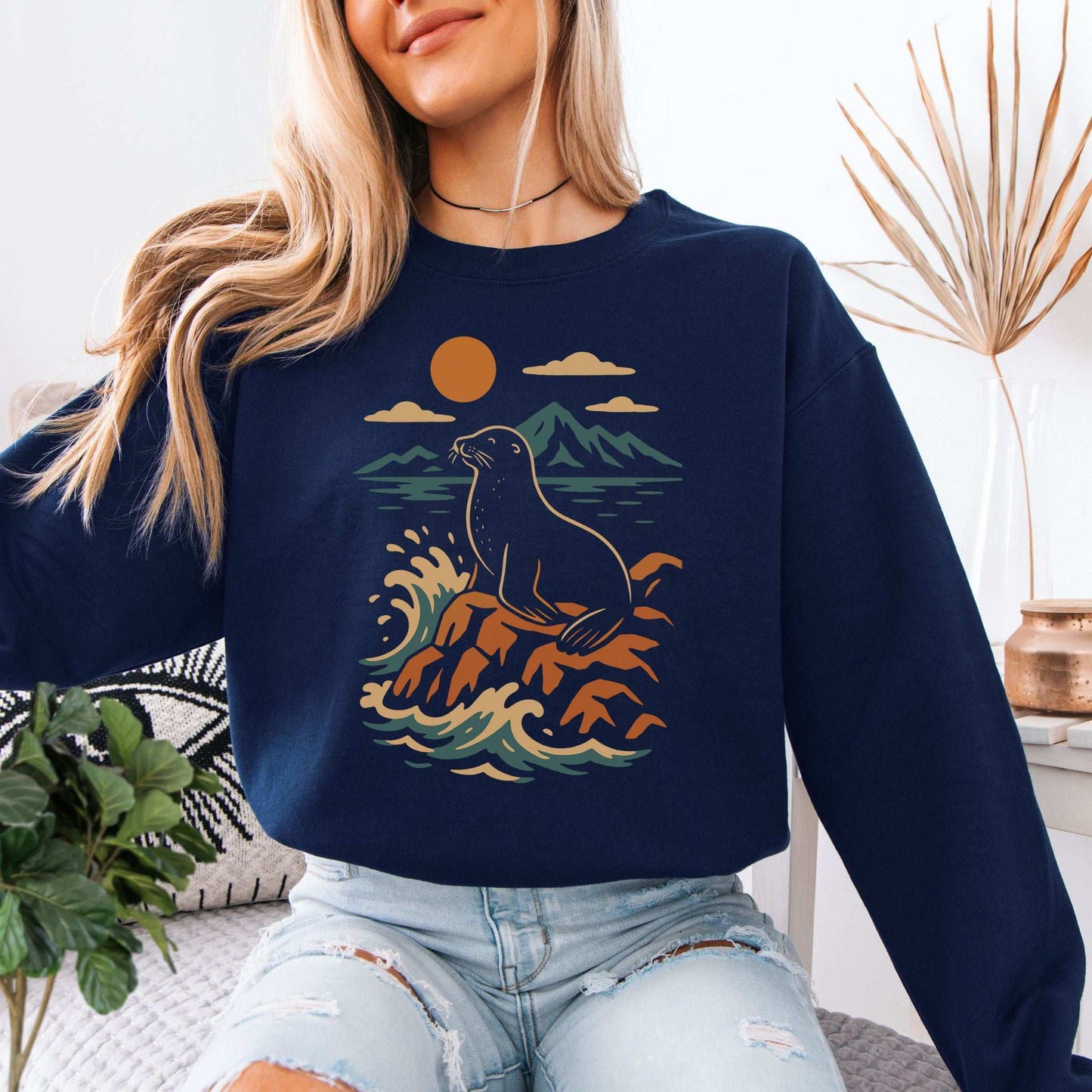 Retro Seal Sweatshirt – Crashing Waves & Moonlit Ocean Vibes