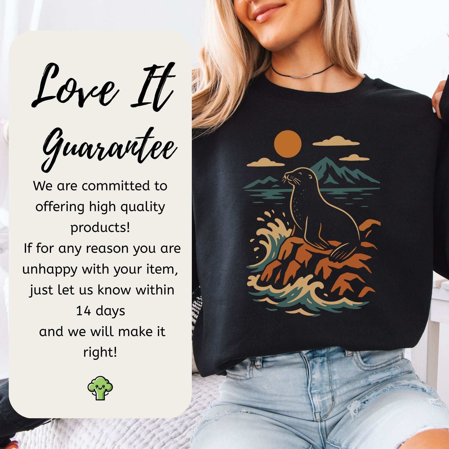 Retro Seal Sweatshirt – Crashing Waves & Moonlit Ocean Vibes