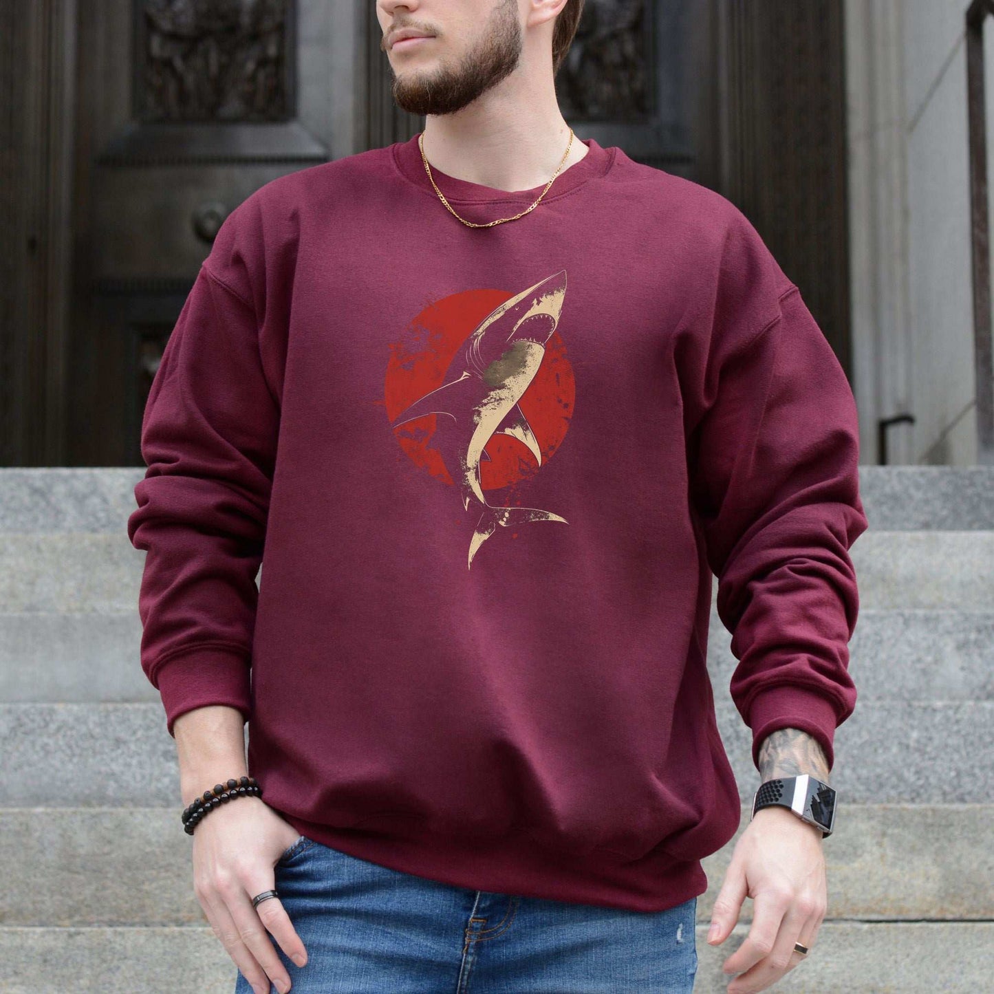 Shark Sweatshirt – Japanese Style Ocean Graphic with Fierce Wave Energy