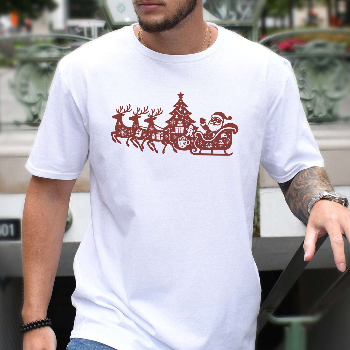 Silhouette Christmas Sleigh T-Shirt – Retro Reindeer Holiday Tee