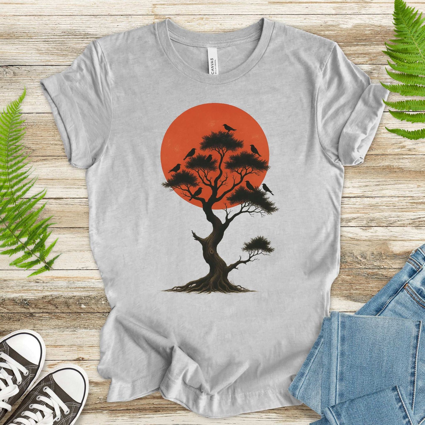 Japanese Tree & Birds T-Shirt – Vintage Sunset Nature Spirit Tee