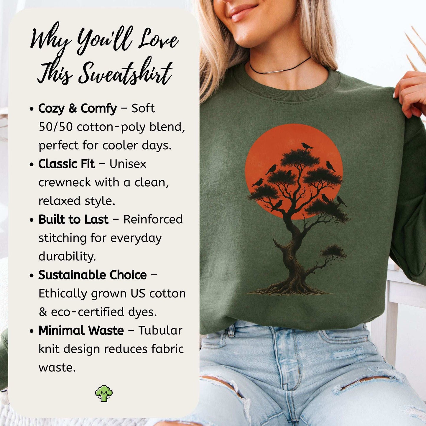Japanese Tree & Birds Sunset Sweatshirt – Vintage Nature Spirit Design