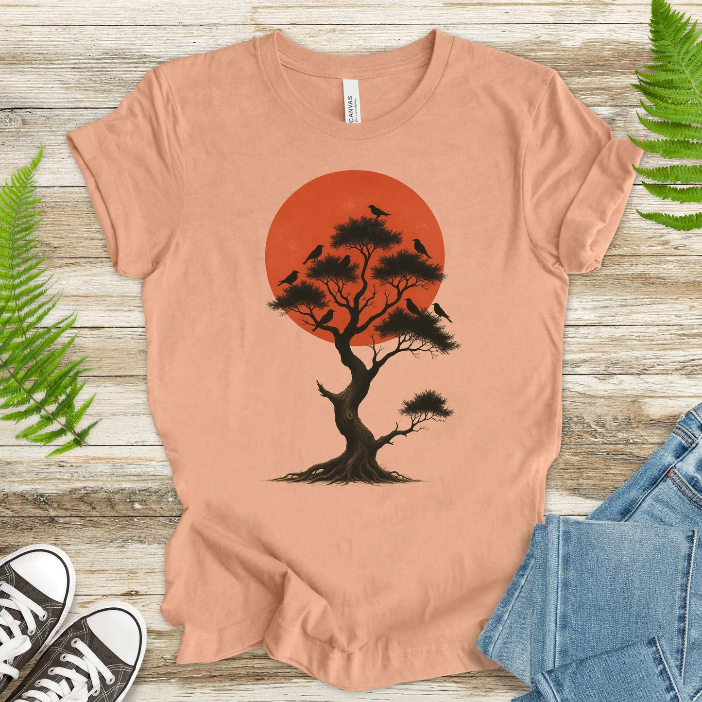 Japanese Tree & Birds T-Shirt – Vintage Sunset Nature Spirit Tee