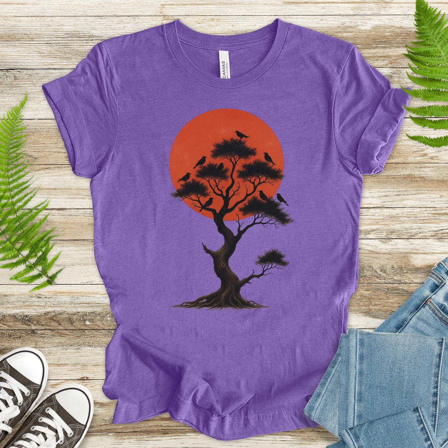 Japanese Tree & Birds T-Shirt – Vintage Sunset Nature Spirit Tee