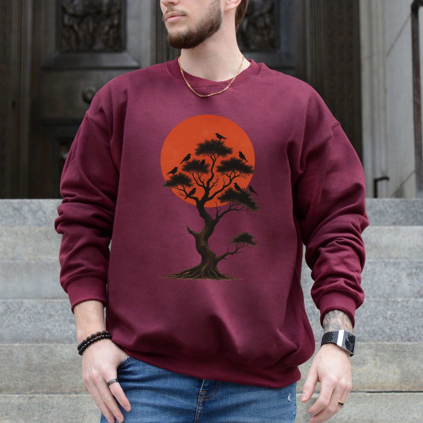 Japanese Tree & Birds Sunset Sweatshirt – Vintage Nature Spirit Design