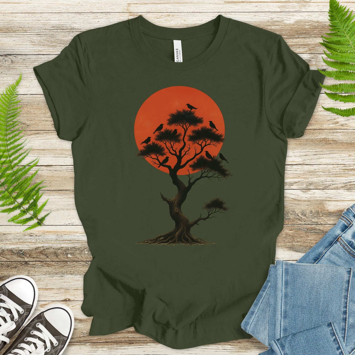 Japanese Tree & Birds T-Shirt – Vintage Sunset Nature Spirit Tee