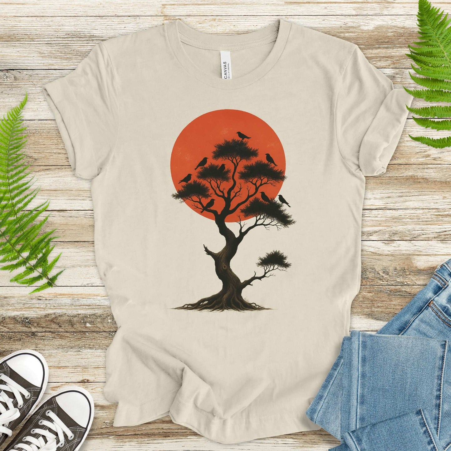 Japanese Tree & Birds T-Shirt – Vintage Sunset Nature Spirit Tee