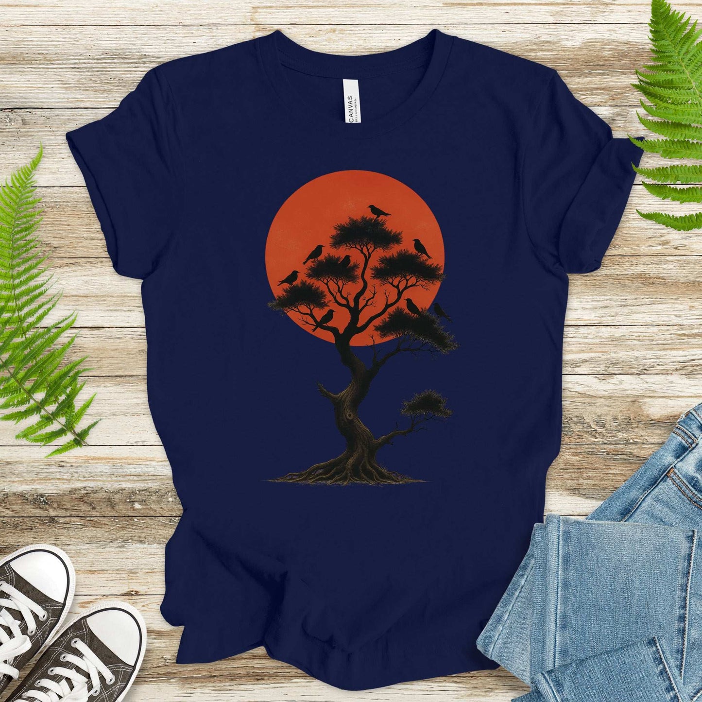 Japanese Tree & Birds T-Shirt – Vintage Sunset Nature Spirit Tee