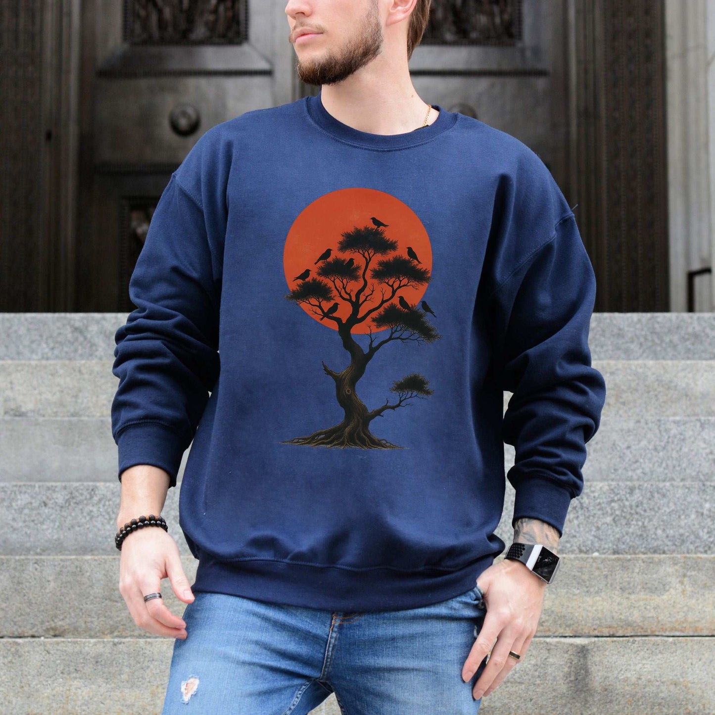 Japanese Tree & Birds Sunset Sweatshirt – Vintage Nature Spirit Design