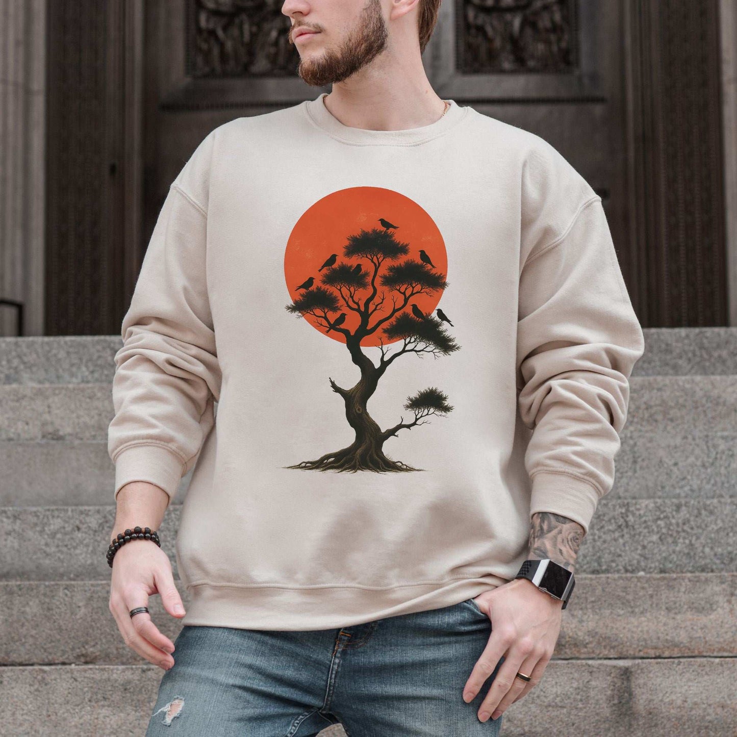 Japanese Tree & Birds Sunset Sweatshirt – Vintage Nature Spirit Design