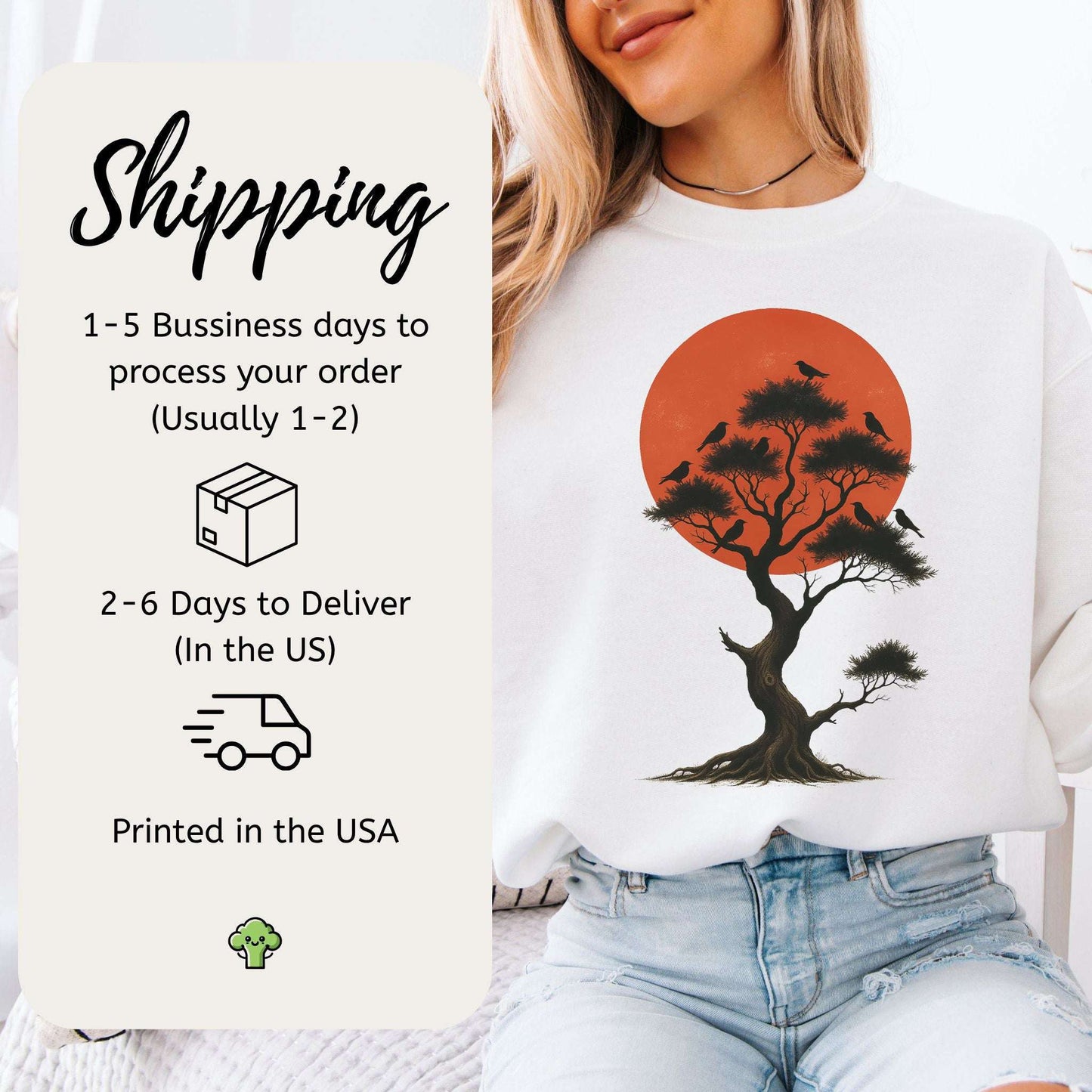 Japanese Tree & Birds Sunset Sweatshirt – Vintage Nature Spirit Design