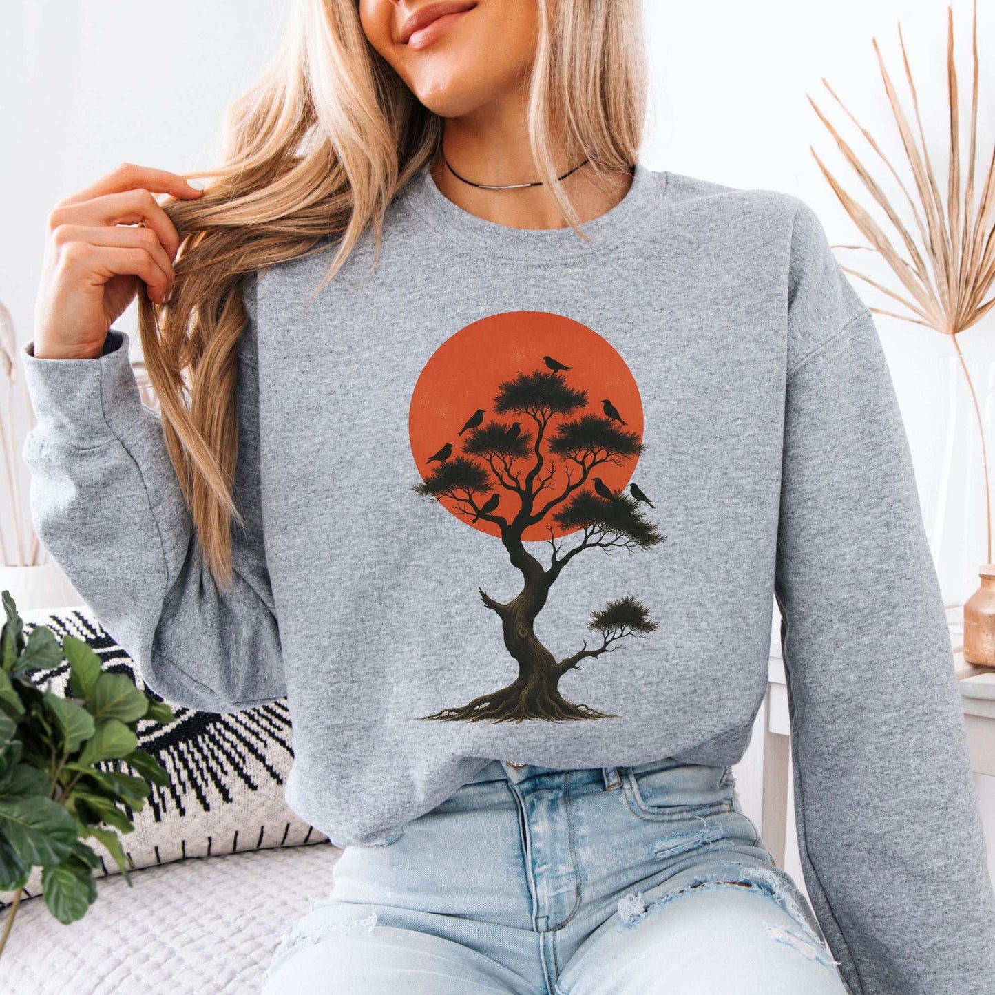 Japanese Tree & Birds Sunset Sweatshirt – Vintage Nature Spirit Design
