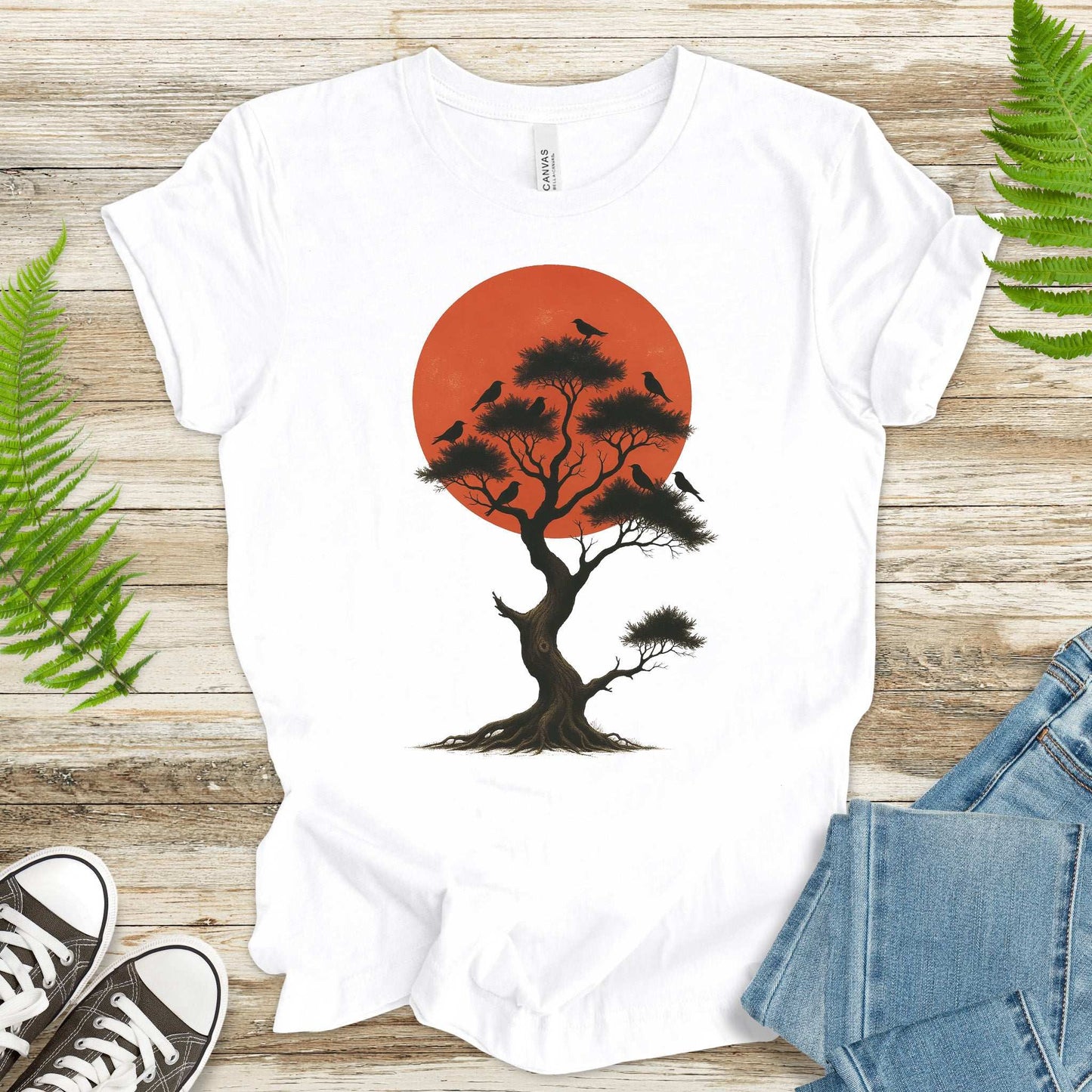 Japanese Tree & Birds T-Shirt – Vintage Sunset Nature Spirit Tee