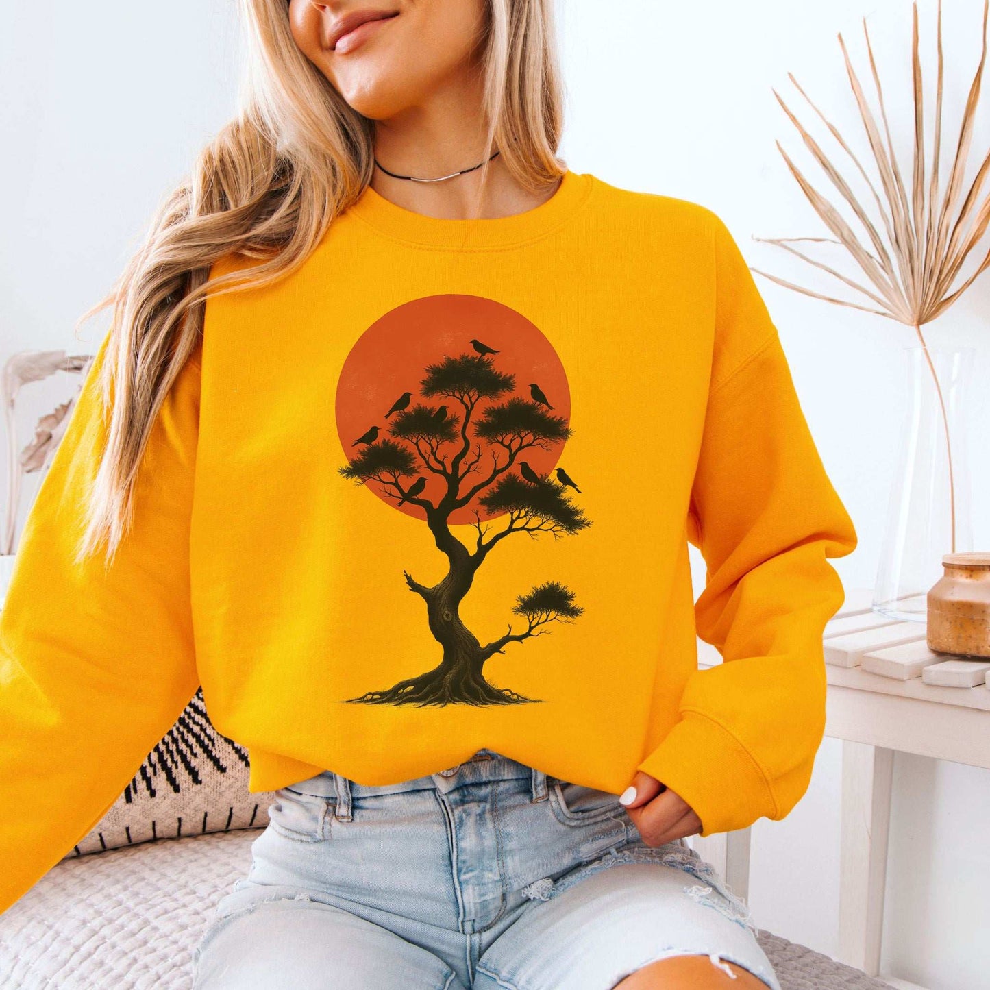 Japanese Tree & Birds Sunset Sweatshirt – Vintage Nature Spirit Design