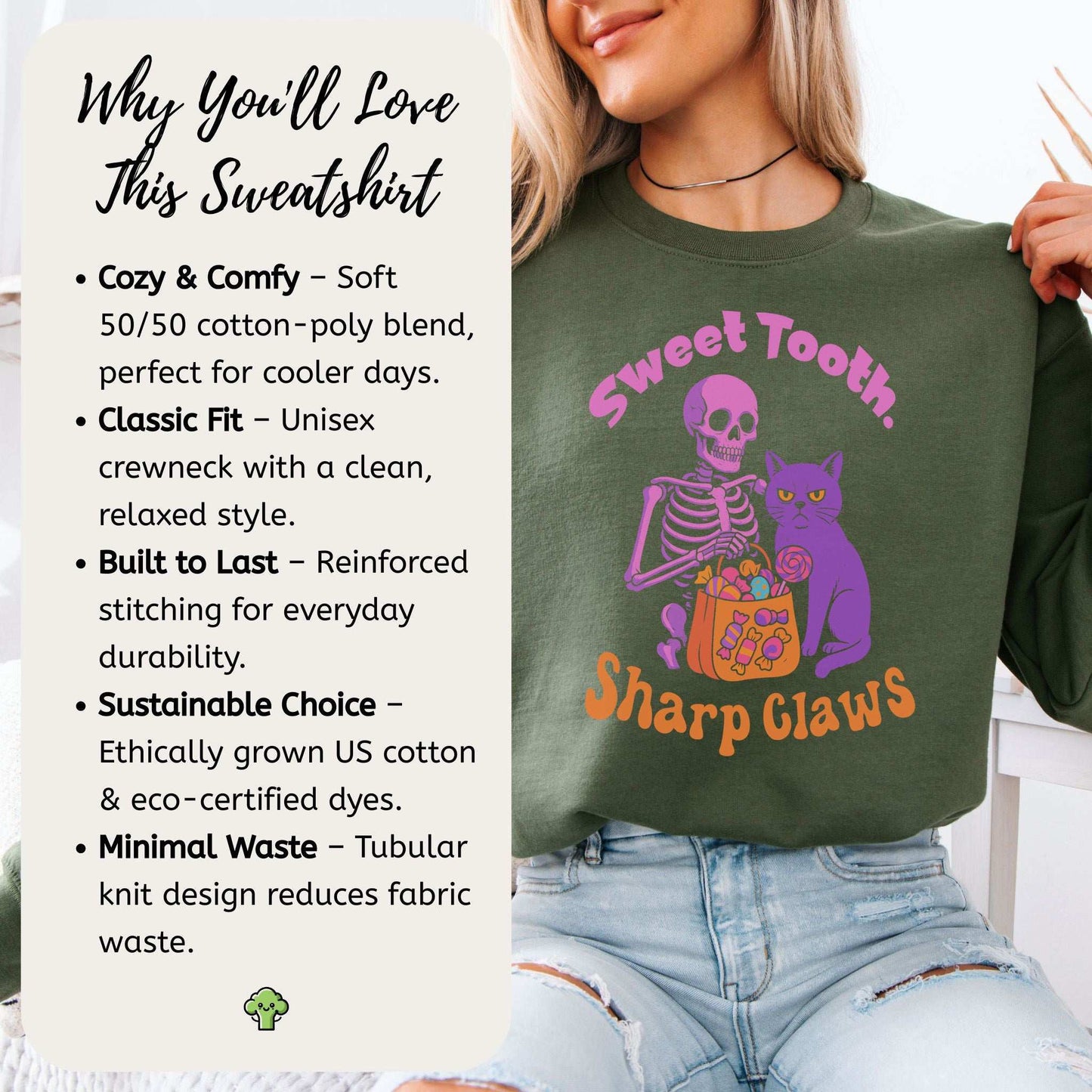Skeleton and Grumpy Cat Halloween Sweatshirt – Sweet Tooth, Sharp Claws