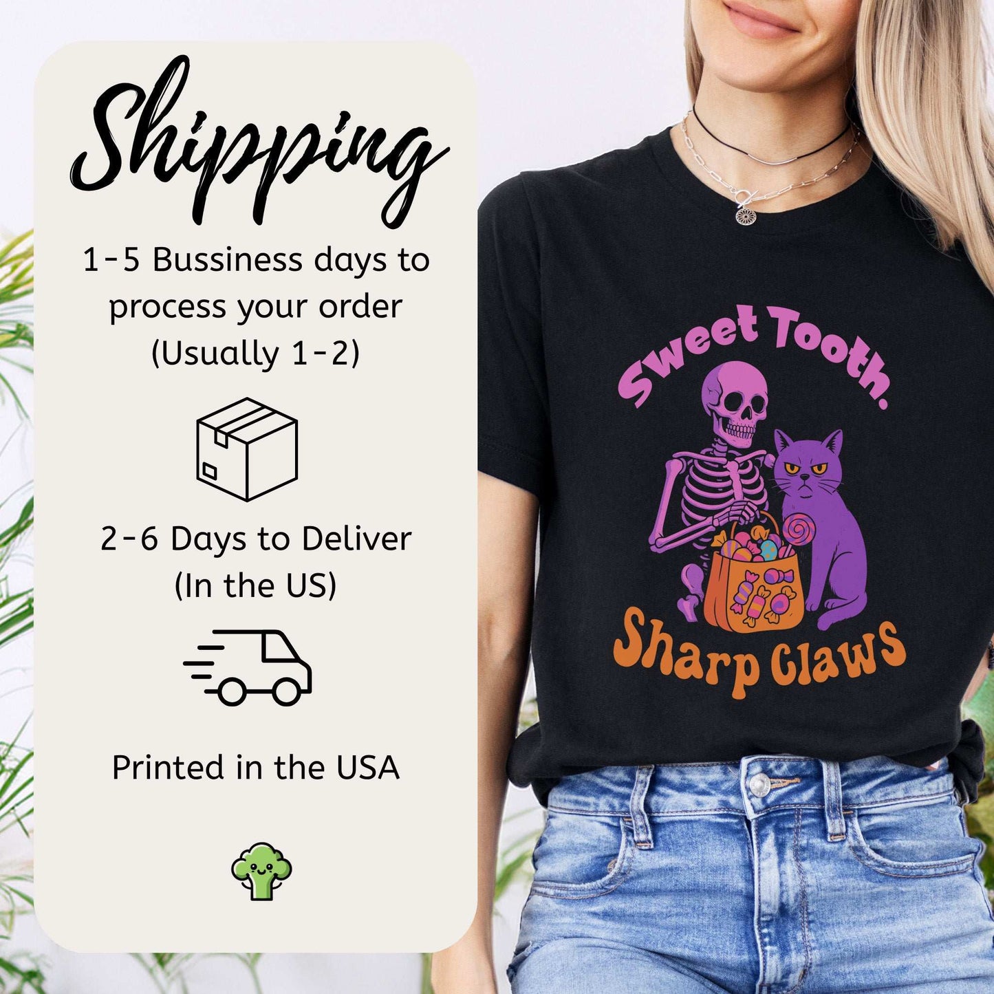 Skeleton and Grumpy Cat Halloween T-shirt featuring 'Sweet Tooth, Sharp Claws', perfect for spooky season.