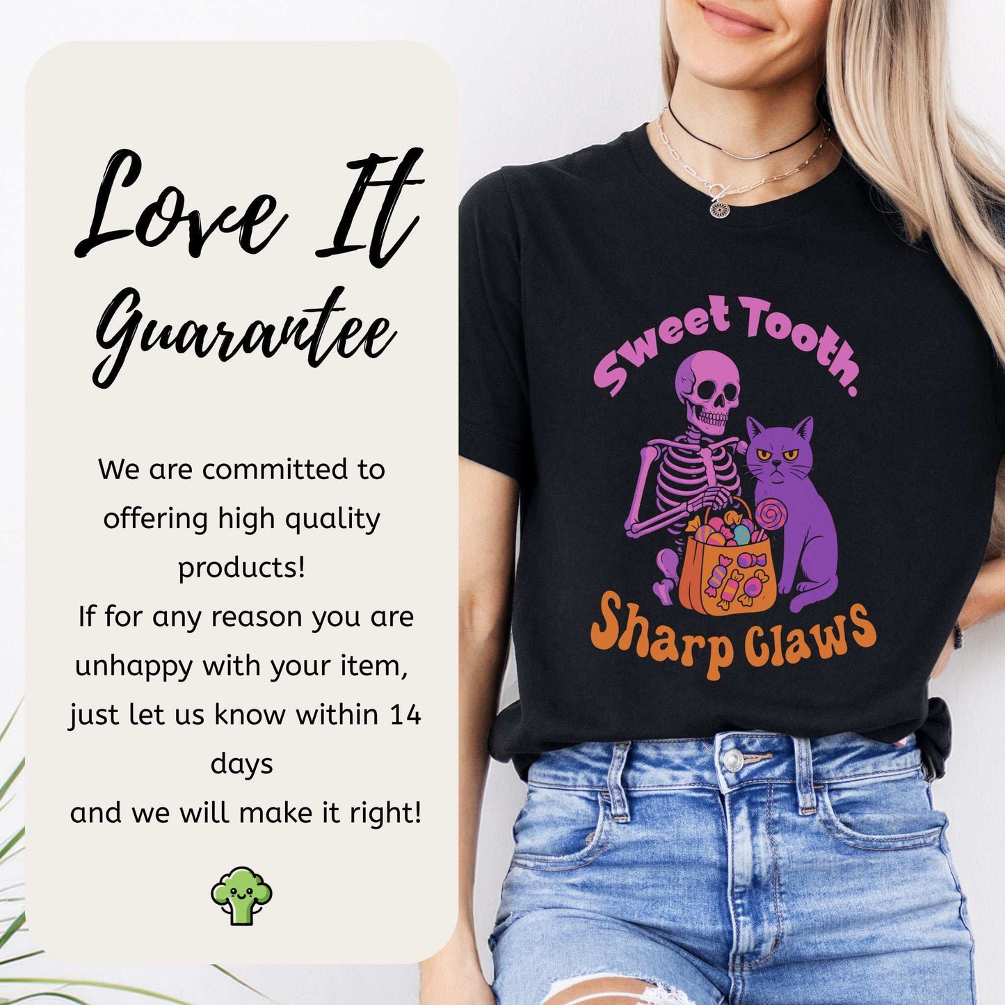 Skeleton and Grumpy Cat Halloween T-shirt with text 'Sweet Tooth, Sharp Claws' on a model, showcasing playful design.