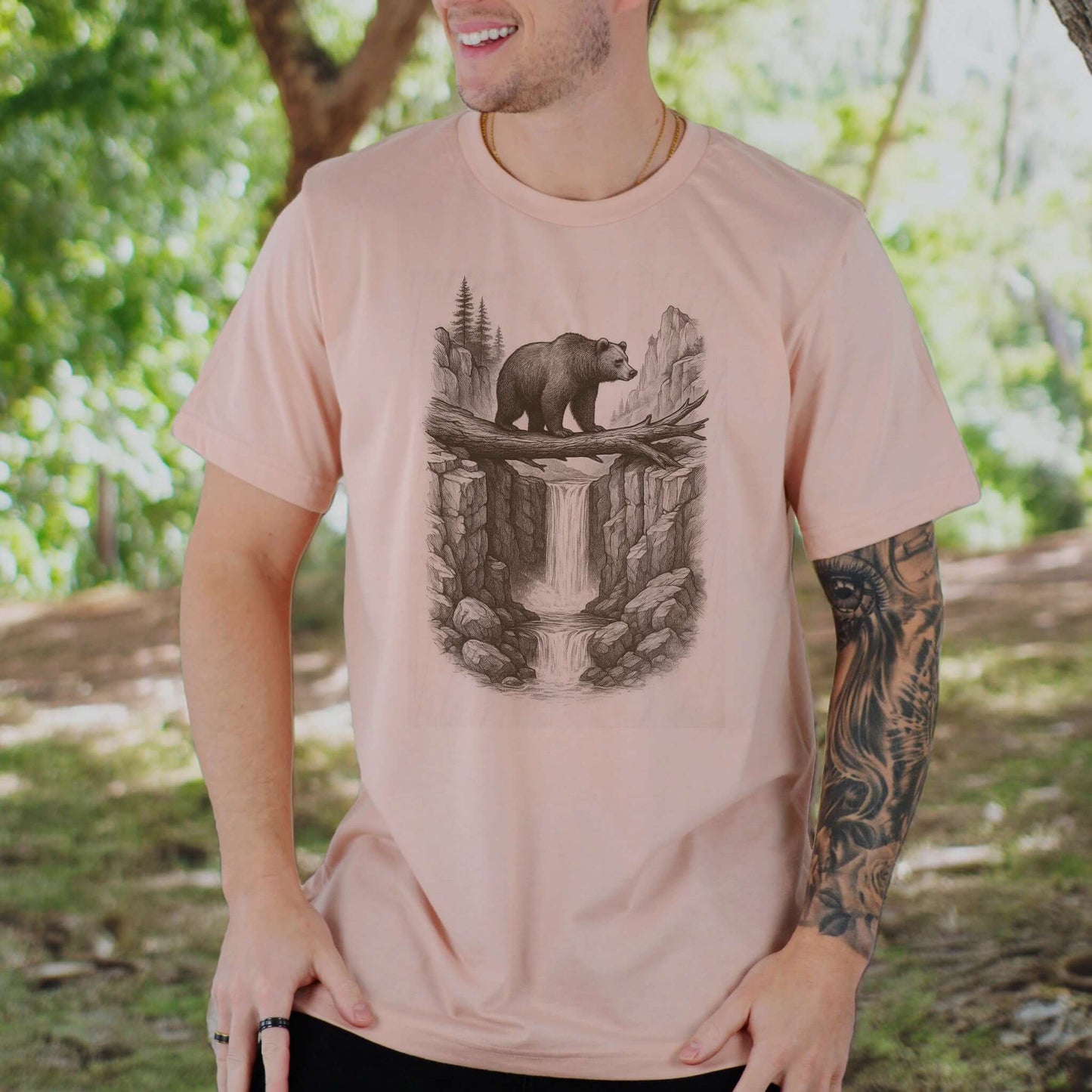 Bear Crossing Waterfall T-Shirt – Vintage Wilderness Sketch Tee