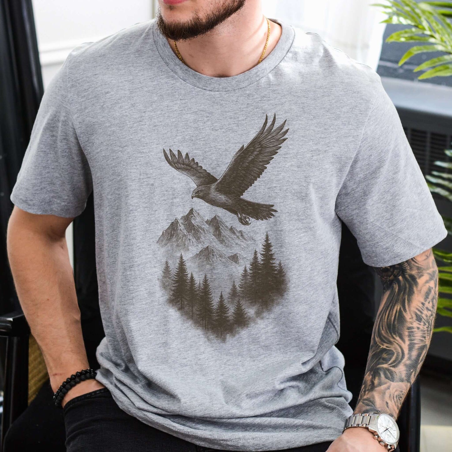 Eagle Over Mountains T-Shirt – Vintage Wilderness Spirit Animal Sketch