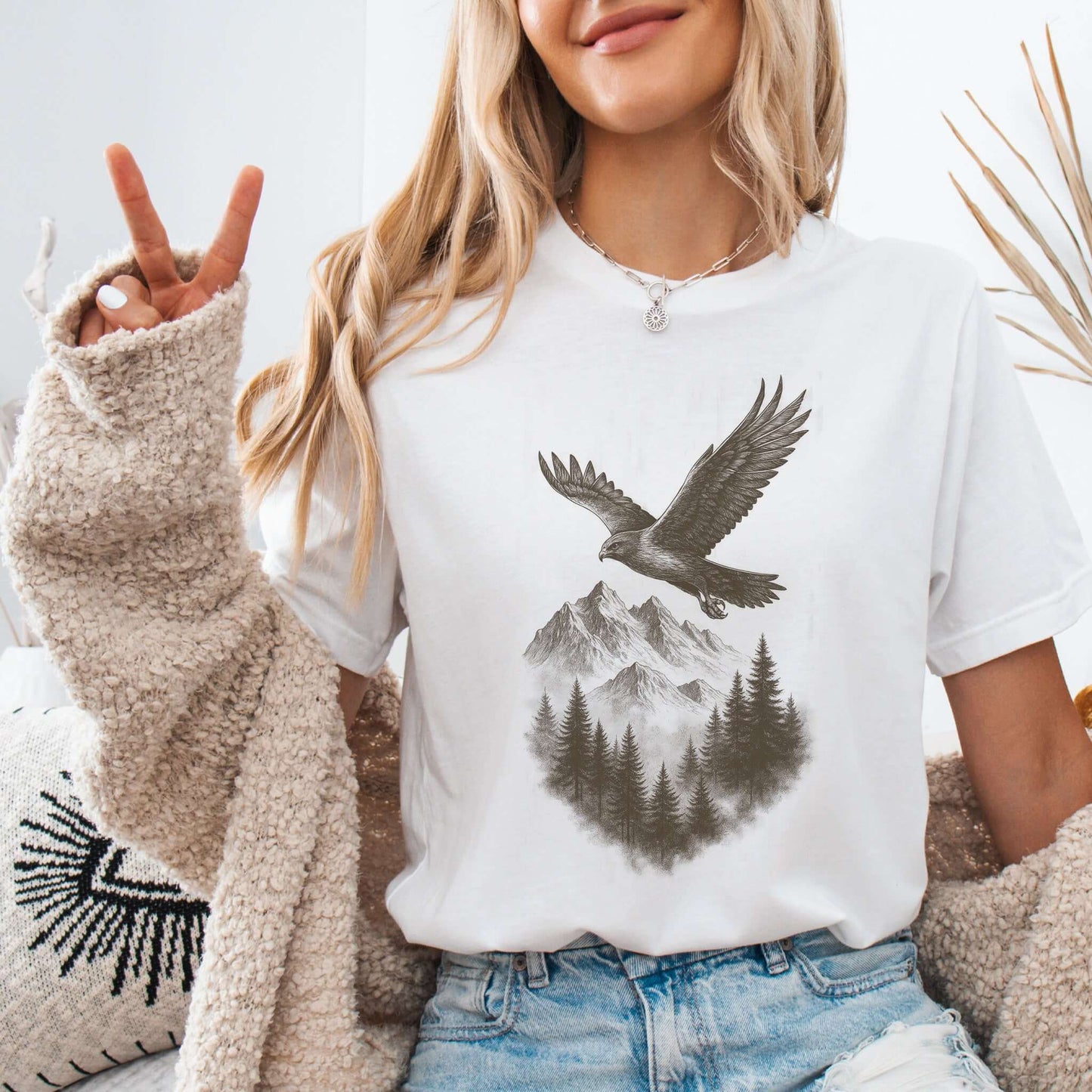 Eagle Over Mountains T-Shirt – Vintage Wilderness Spirit Animal Sketch