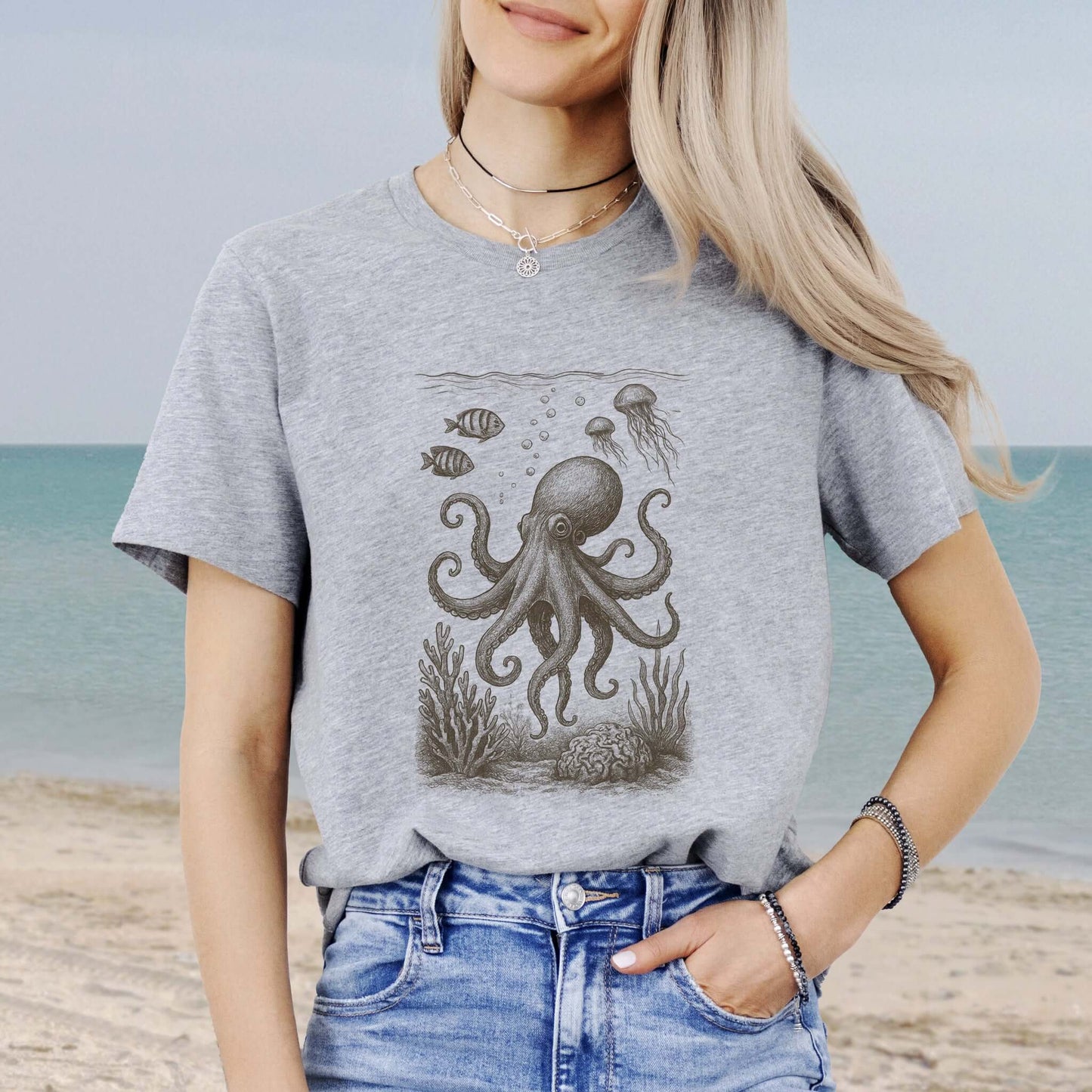Octopus & Coral Reef Sketch T-Shirt – Artistic Ocean Life Tee