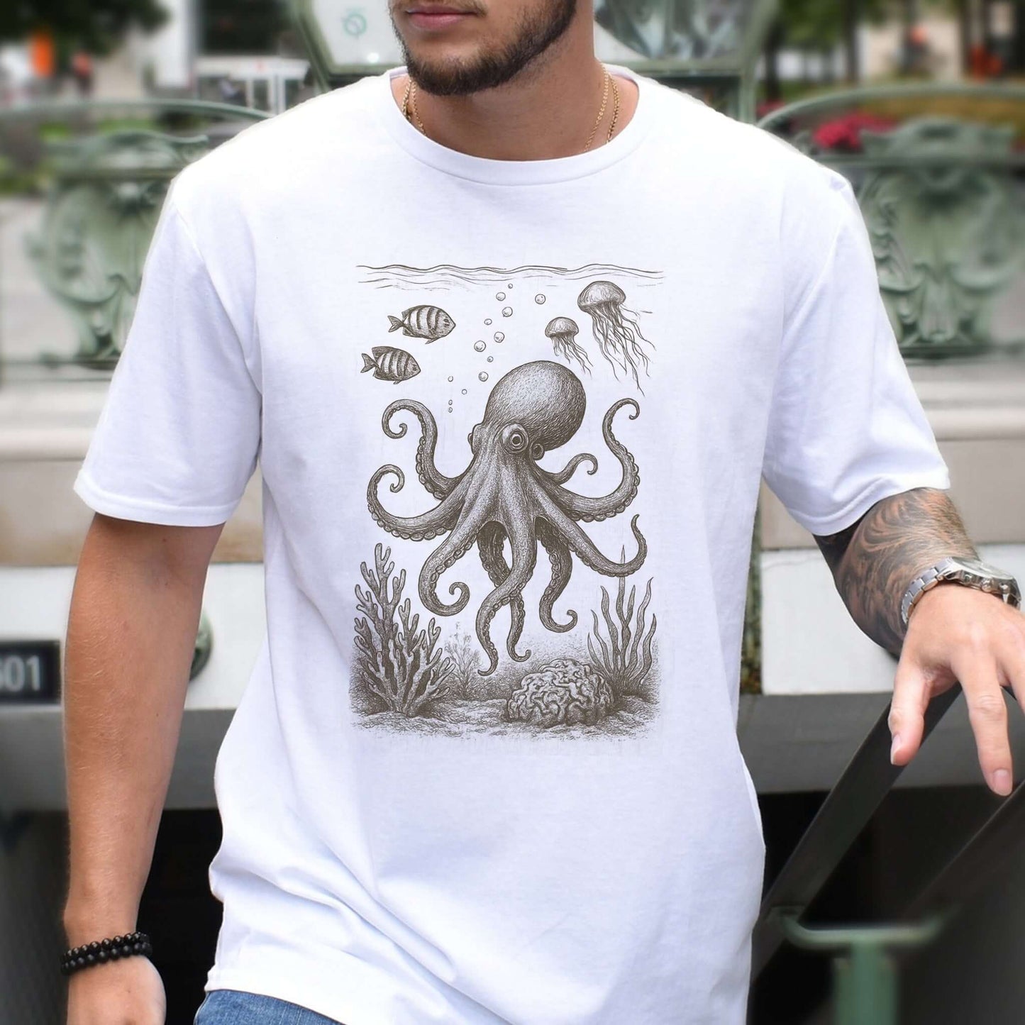 Octopus & Coral Reef Sketch T-Shirt – Artistic Ocean Life Tee
