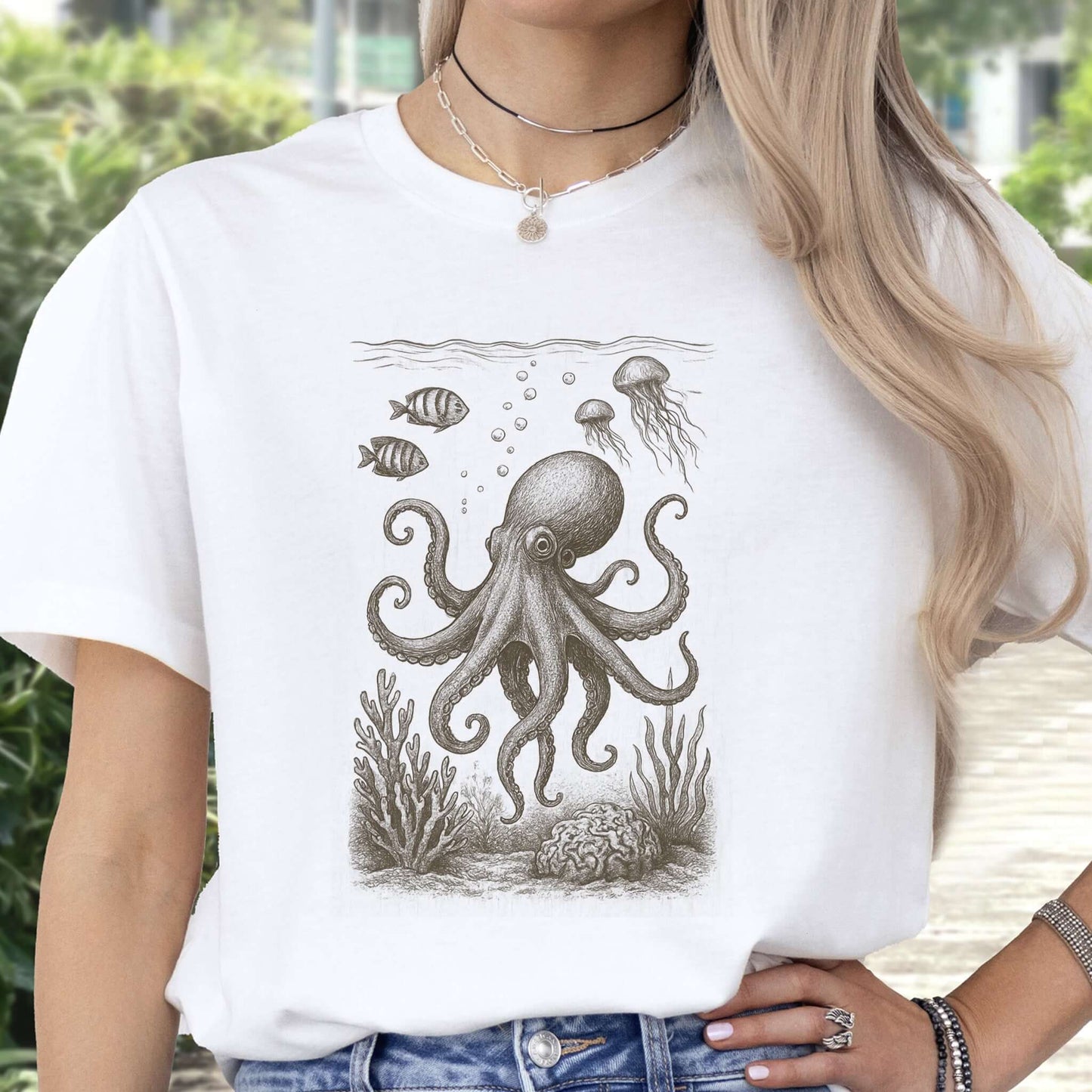 Octopus & Coral Reef Sketch T-Shirt – Artistic Ocean Life Tee