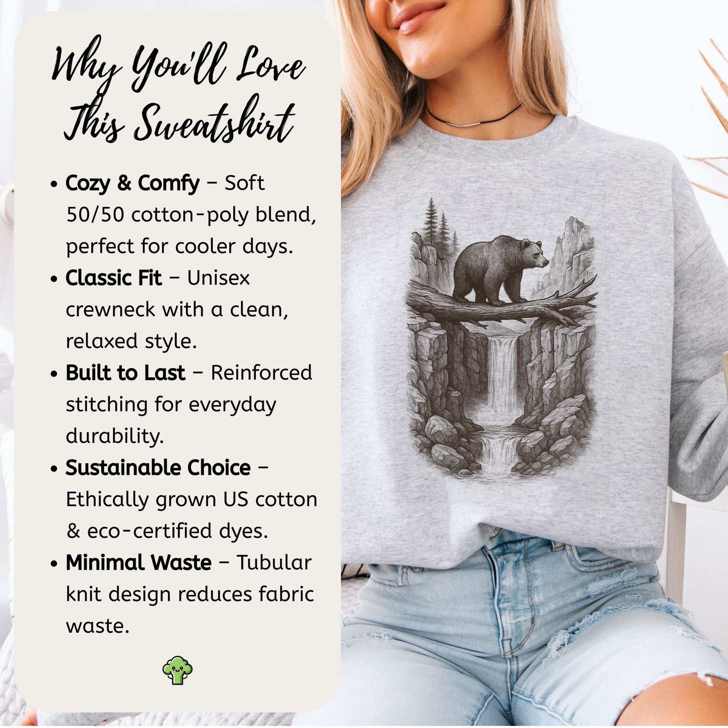 Bear Crossing Waterfall Sweatshirt – Vintage Wilderness Sketch Gift