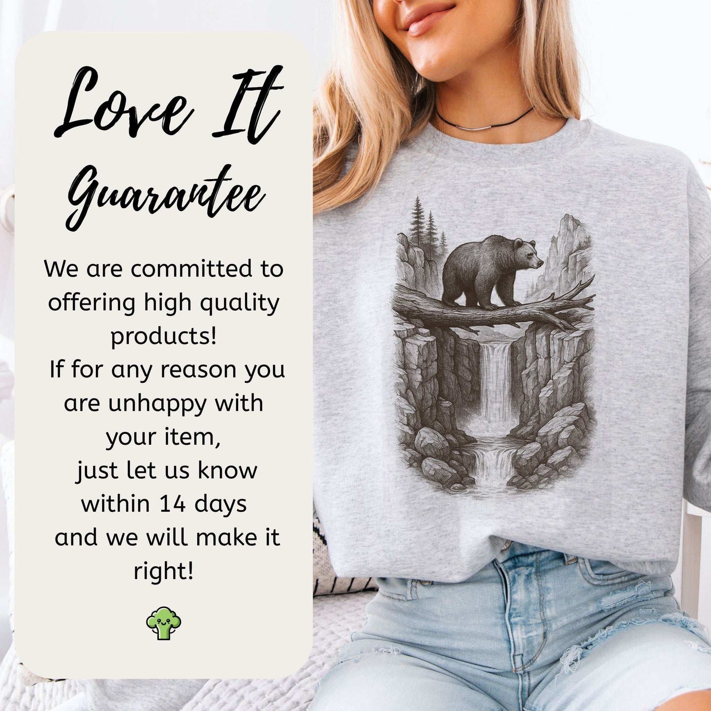 Bear Crossing Waterfall Sweatshirt – Vintage Wilderness Sketch Gift