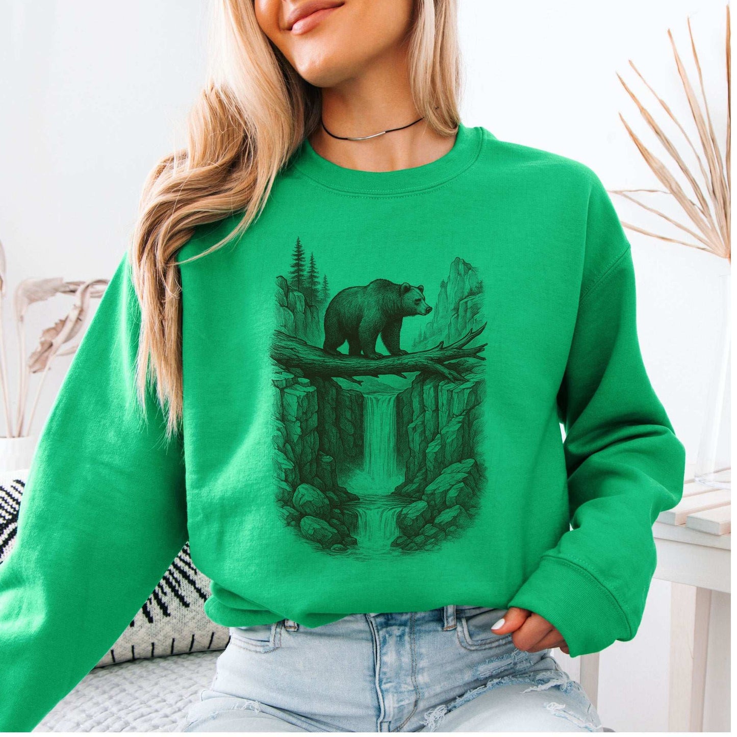 Bear Crossing Waterfall Sweatshirt – Vintage Wilderness Sketch Gift