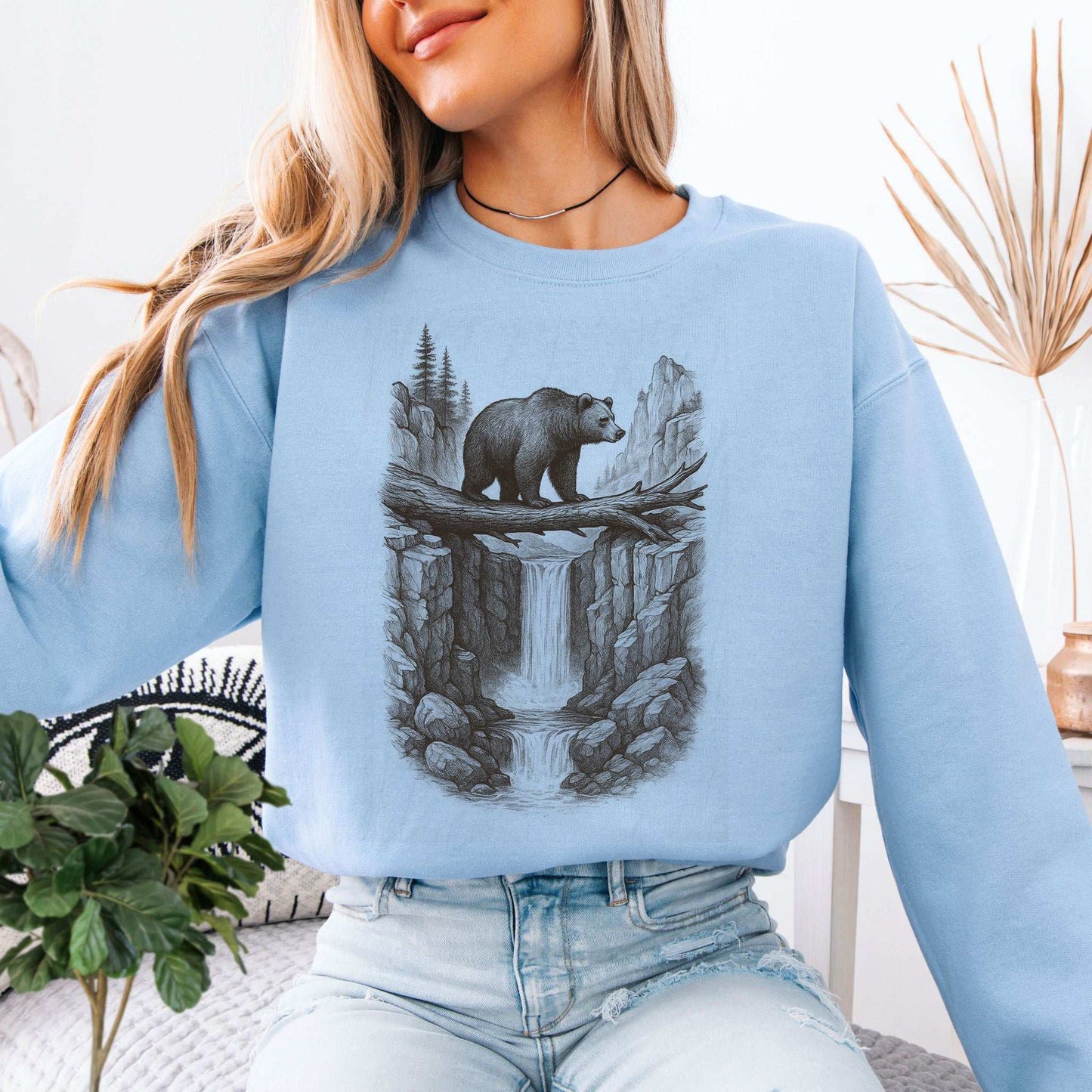 Bear Crossing Waterfall Sweatshirt – Vintage Wilderness Sketch Gift