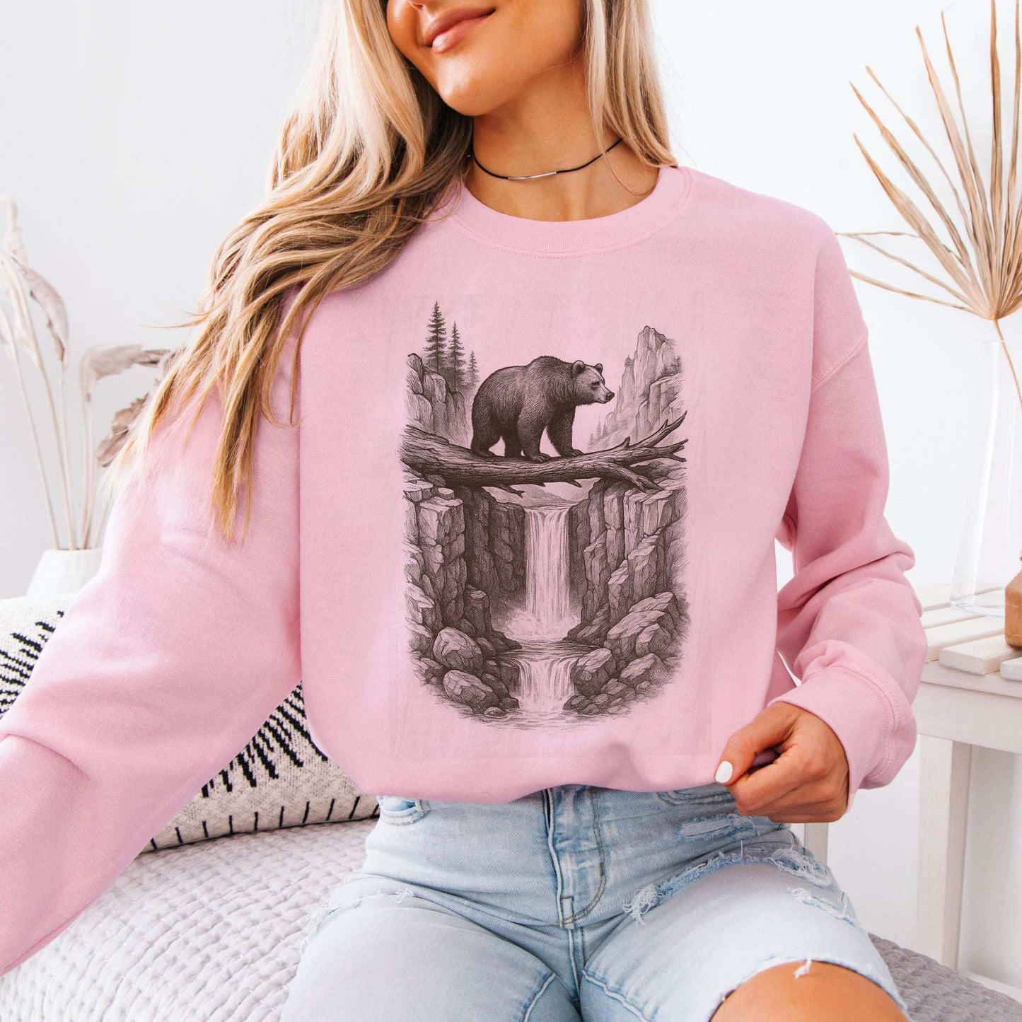 Bear Crossing Waterfall Sweatshirt – Vintage Wilderness Sketch Gift