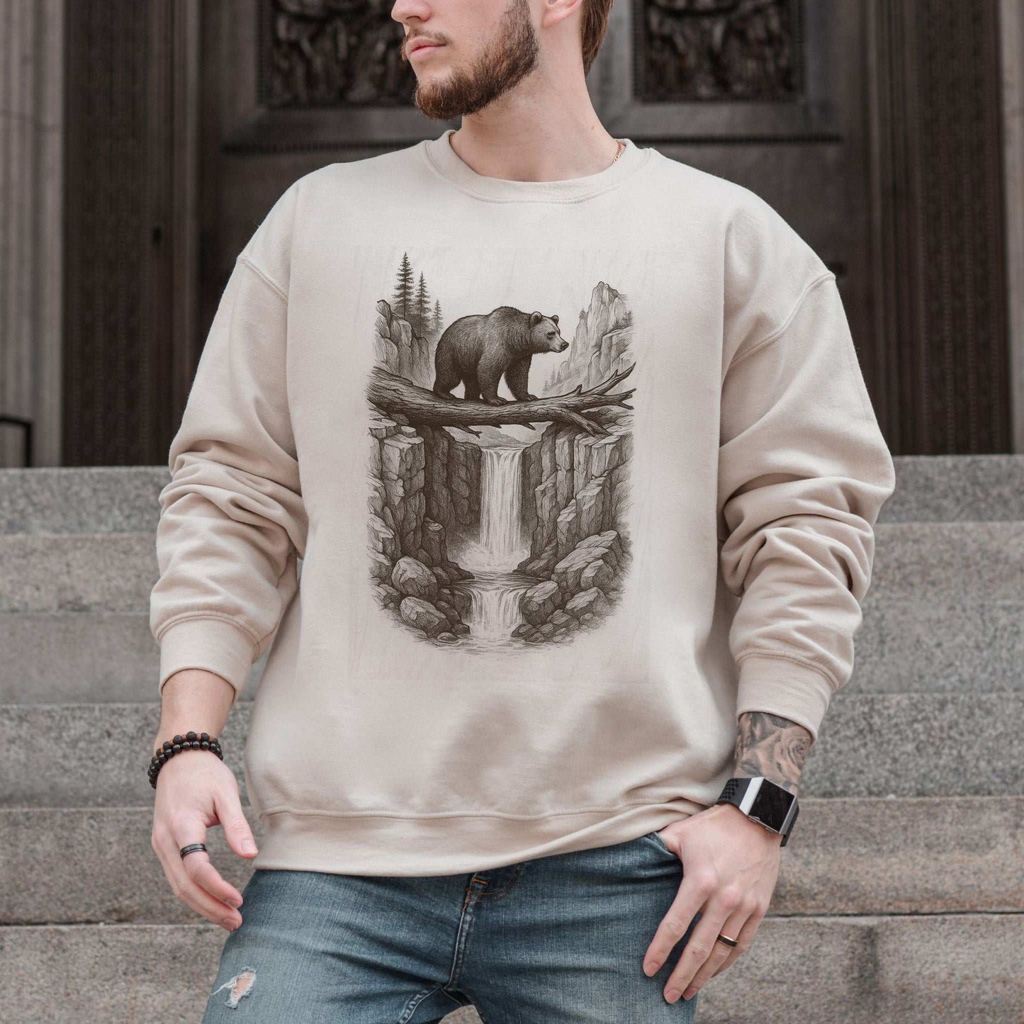 Bear Crossing Waterfall Sweatshirt – Vintage Wilderness Sketch Gift